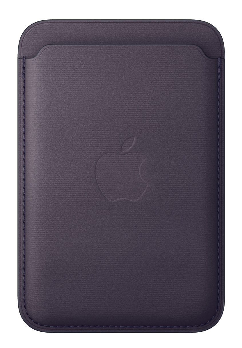 Ciemnofioletowy skórzany portfel Apple MagSafe. Wytłoczone logo Apple jest wyśrodkowane. Portfel ma kieszeń i szyte krawędzie.