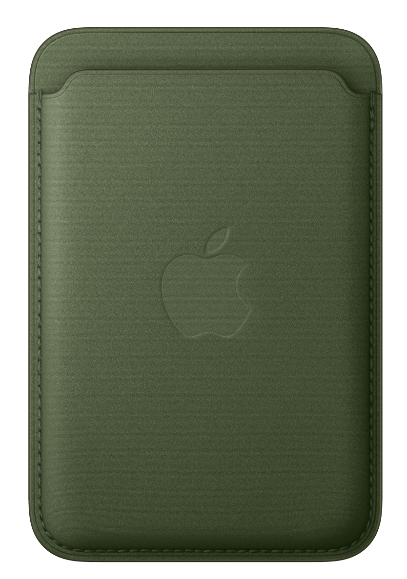 Zielony skórzany portfel Apple. Wytłoczone logo Apple i szyte krawędzie na czarnym tle.