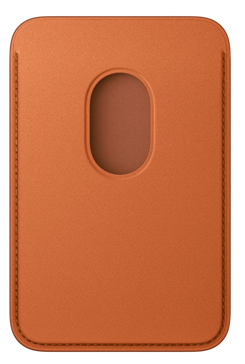 Prostokątny, pomarańczowy skórzany etui na karty z owalnym wycięciem. Ma szyte krawędzie i teksturowaną powierzchnię.