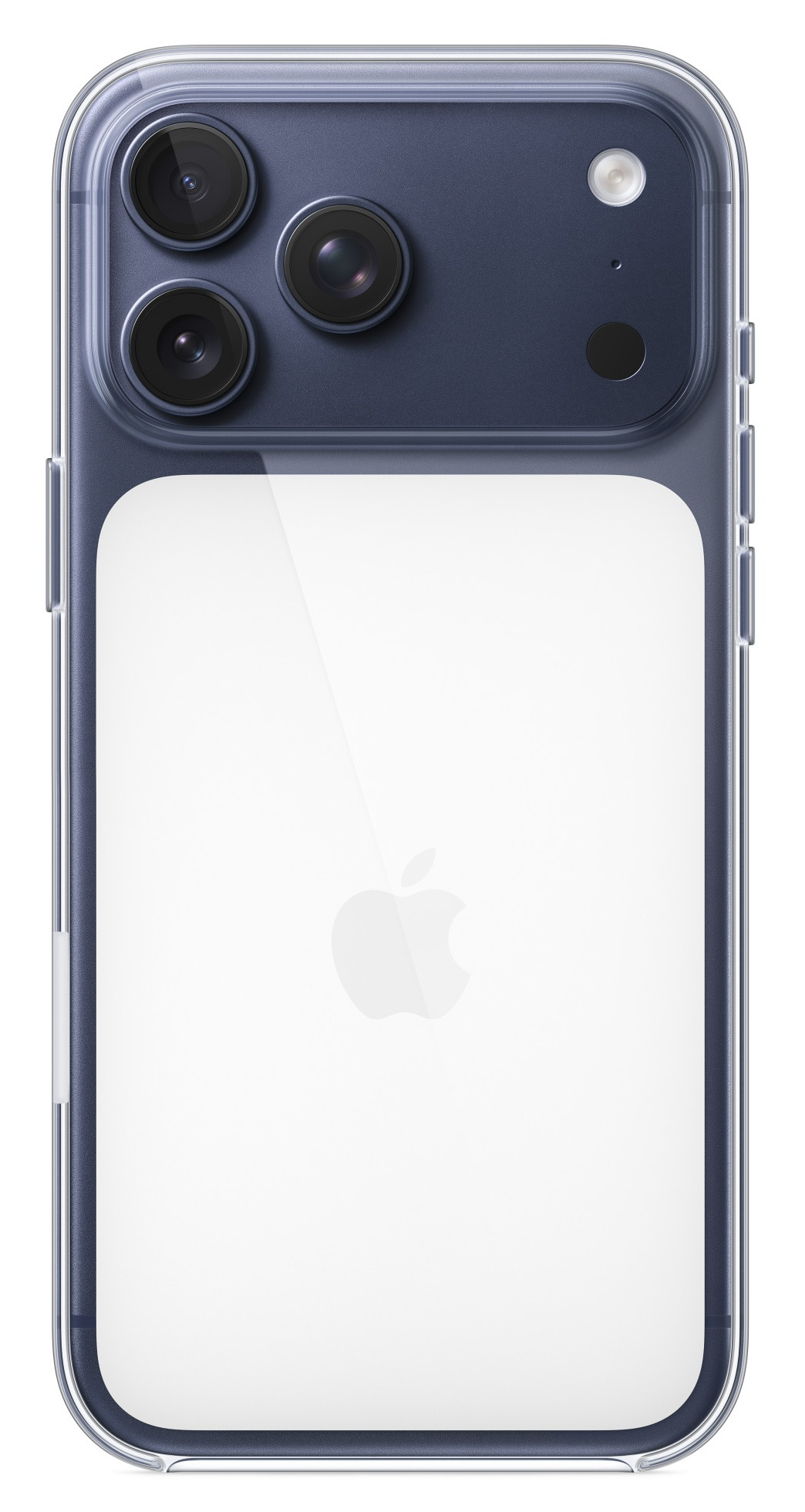 Widok z tyłu smartfona w przezroczystym etui. Posiada potrójny aparat, lampę błyskową i logo Apple. Etui jest przezroczyste.