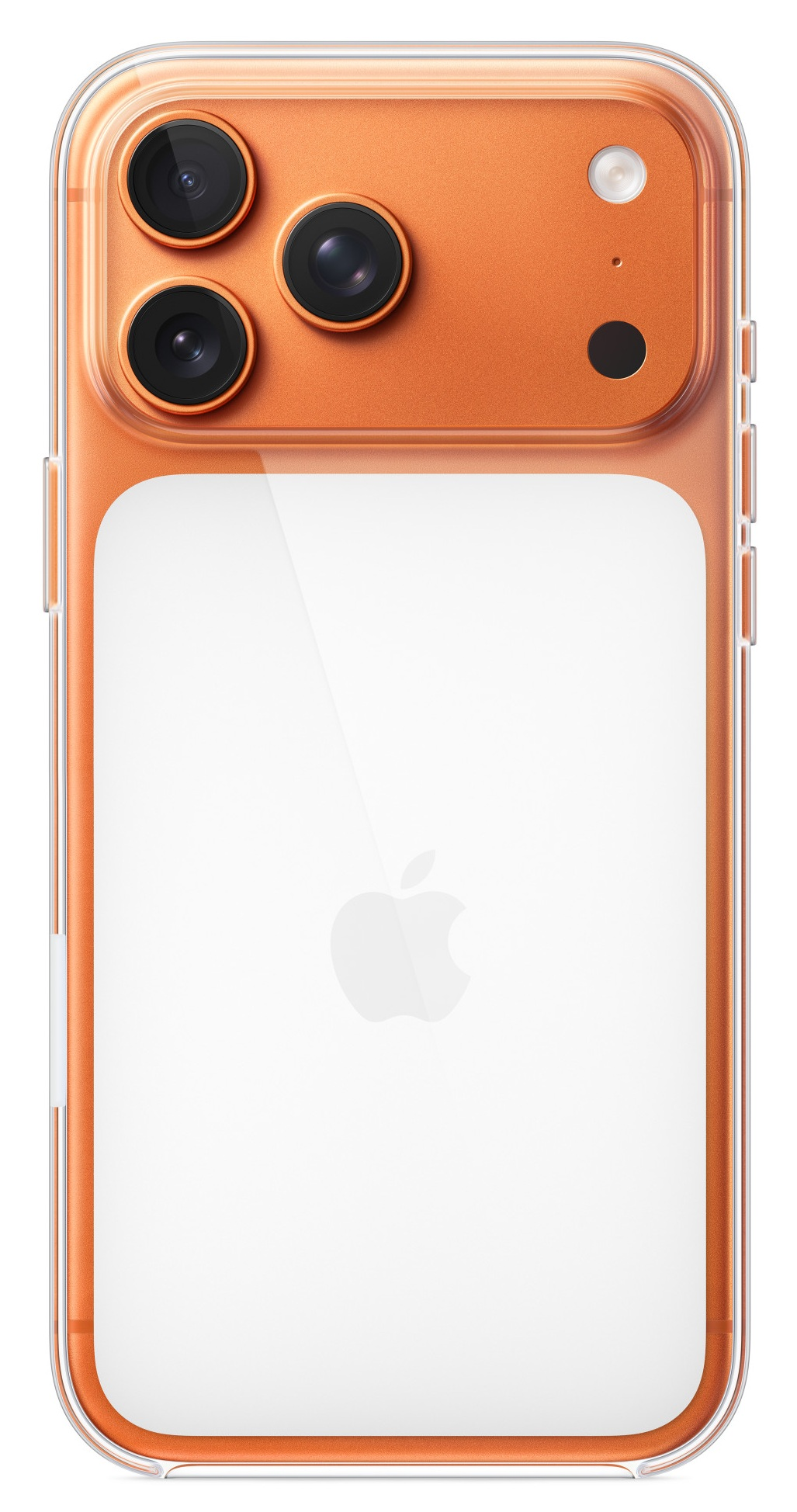 Pomarańczowy iPhone z przezroczystym etui. Ma trzy aparaty, lampę błyskową i logo Apple z tyłu.