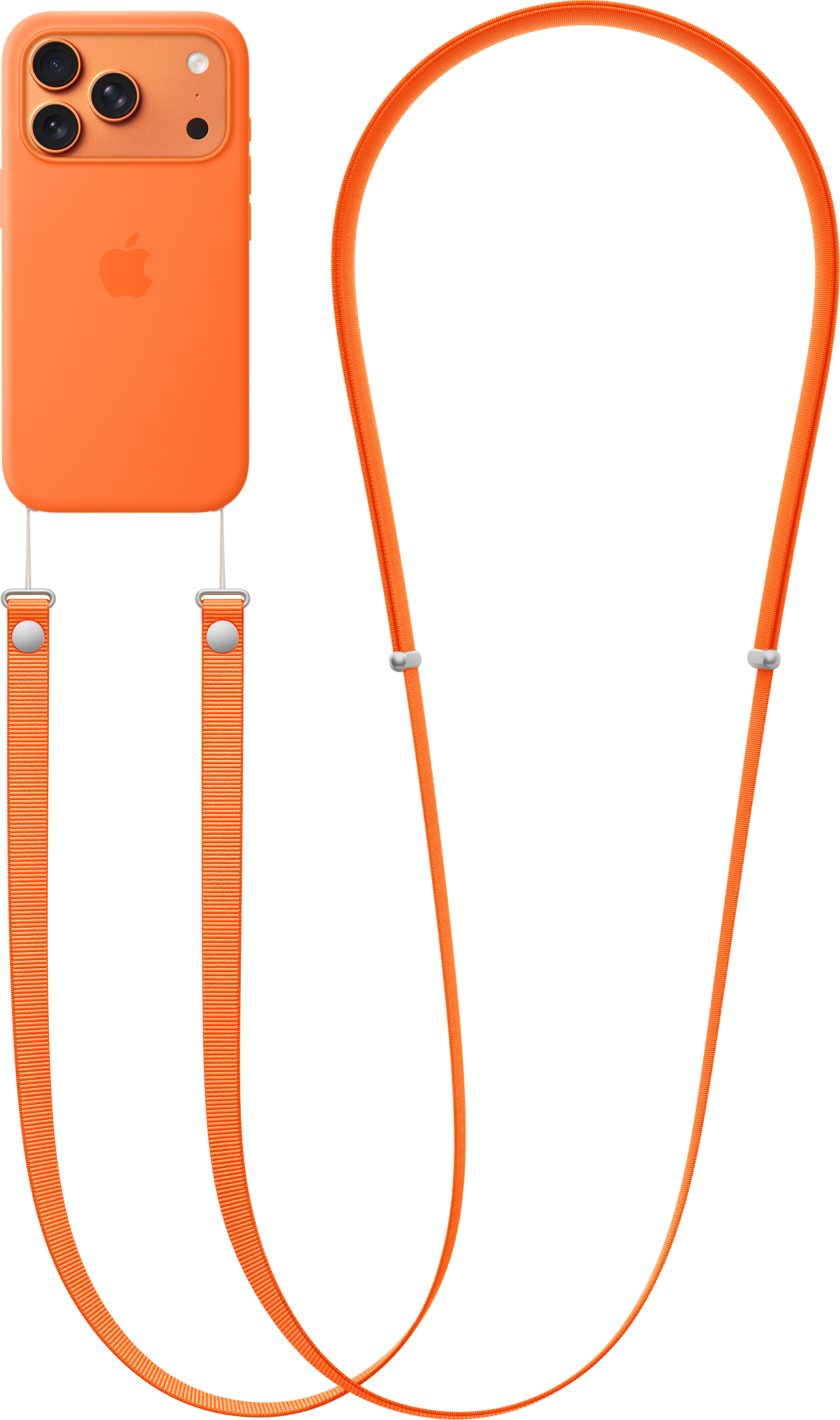 Oranges iPhone mit passender Hülle und Lanyard vor schwarzem Hintergrund. Das Lanyard ist an der Hülle befestigt.