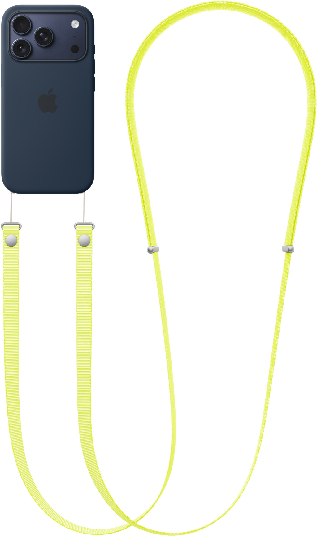 Ein marineblaues Telefon mit einem gelben Umhängeband. Das Telefon hat ein schwarzes Kameramodul und das Apple-Logo. Das Umhängeband ist am Telefon befestigt.