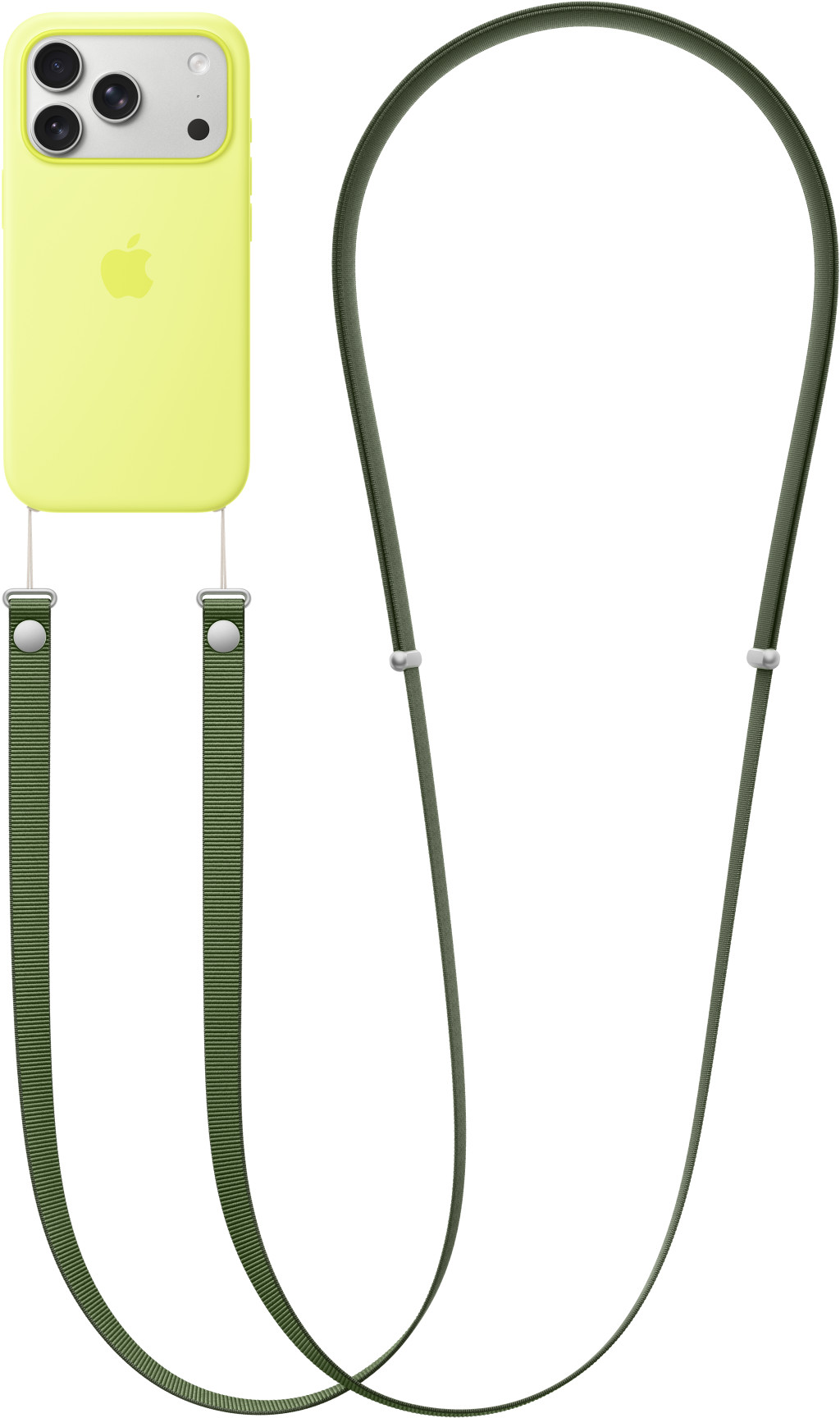Un étui de téléphone jaune avec des sangles vert foncé. Le téléphone a trois caméras. Les sangles sont fixées avec des clous métalliques.