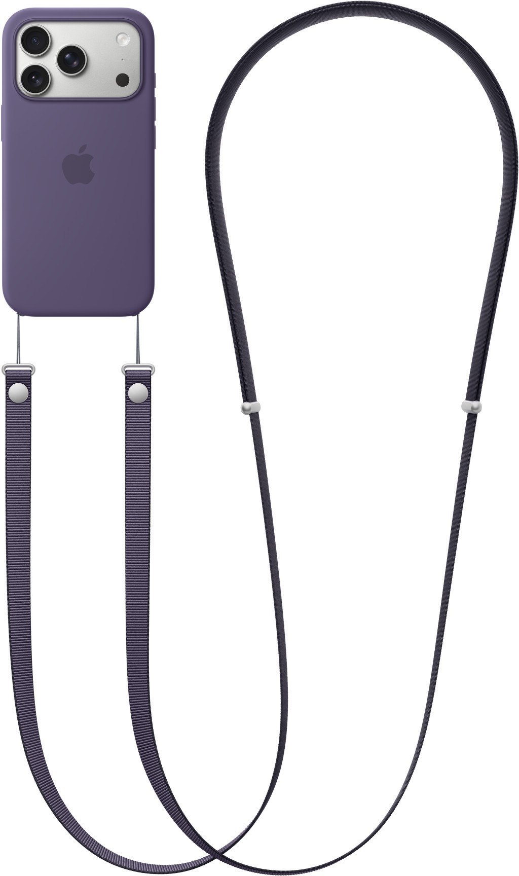 Une coque de téléphone violette avec une lanière attachée. La coque a le logo Apple et un module caméra. La lanière est noire.