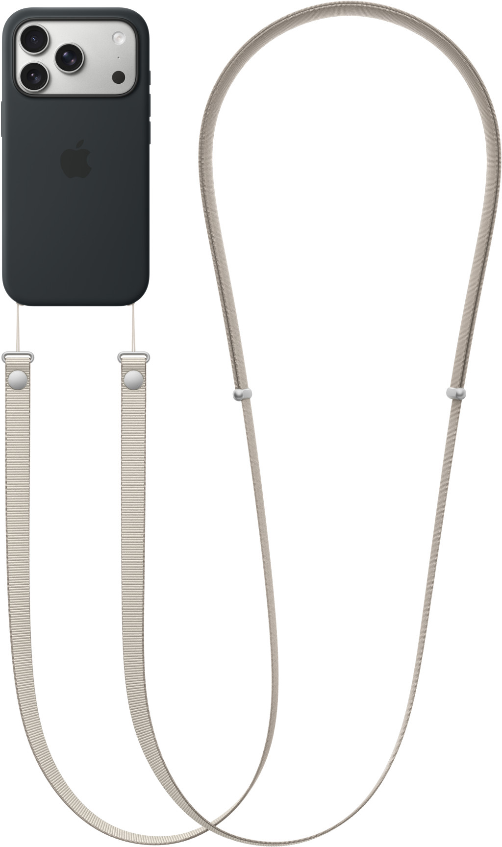 Un téléphone noir avec une sangle. Le téléphone a trois caméras. La sangle est beige et est fixée au téléphone avec des boutons argentés.