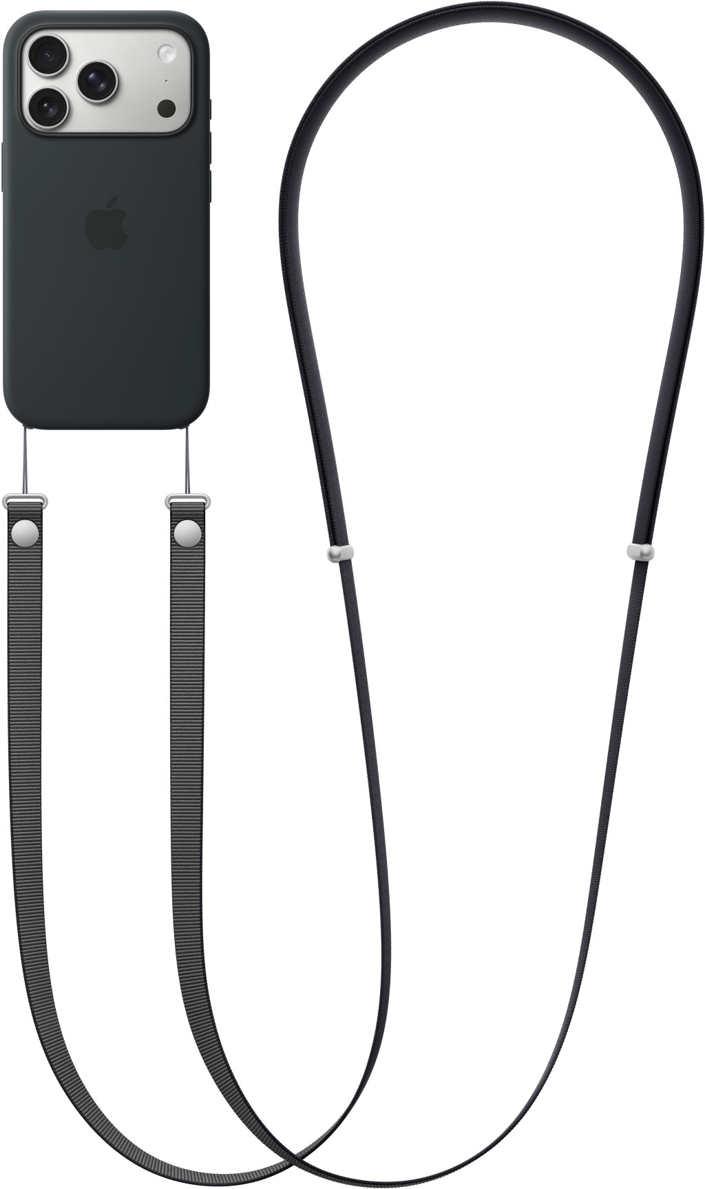 Eine schwarze iPhone-Hülle mit einem Lanyard. Das Lanyard ist ebenfalls schwarz und hat silberne Metallakzente.