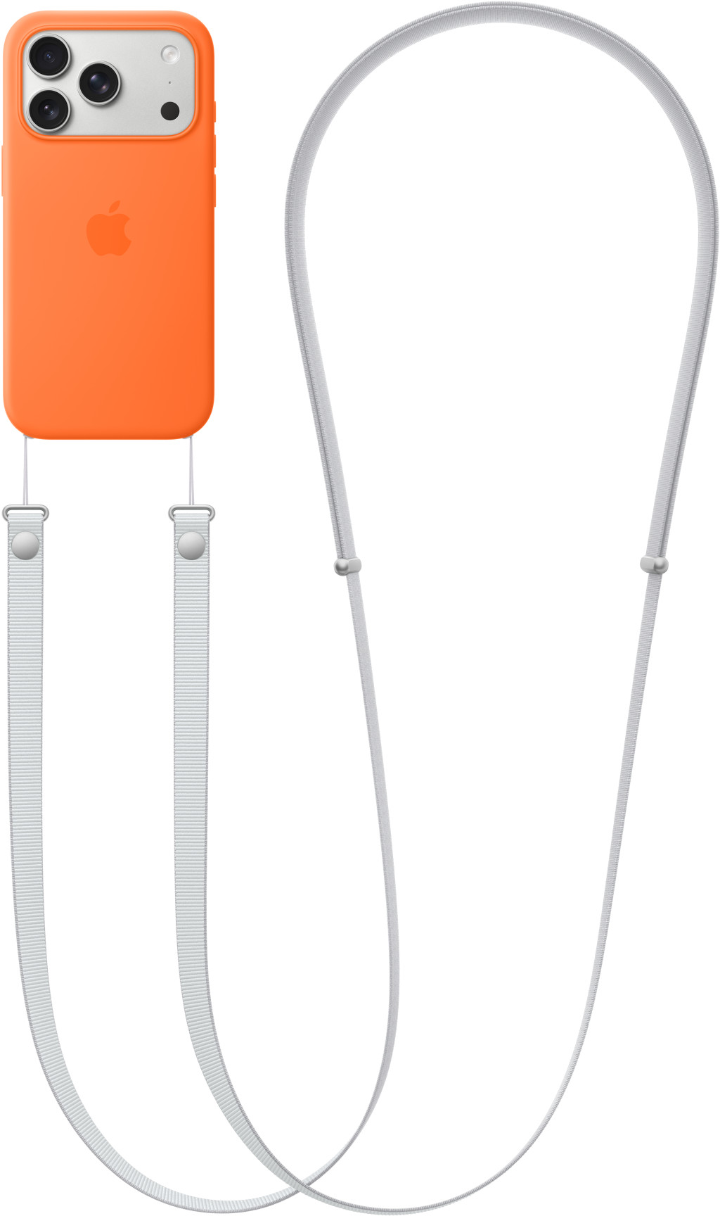 Eine orangefarbene iPhone-Hülle mit weißem Umhängeband. Die Handyhülle hat das Apple-Logo. Das Umhängeband ist weiß.