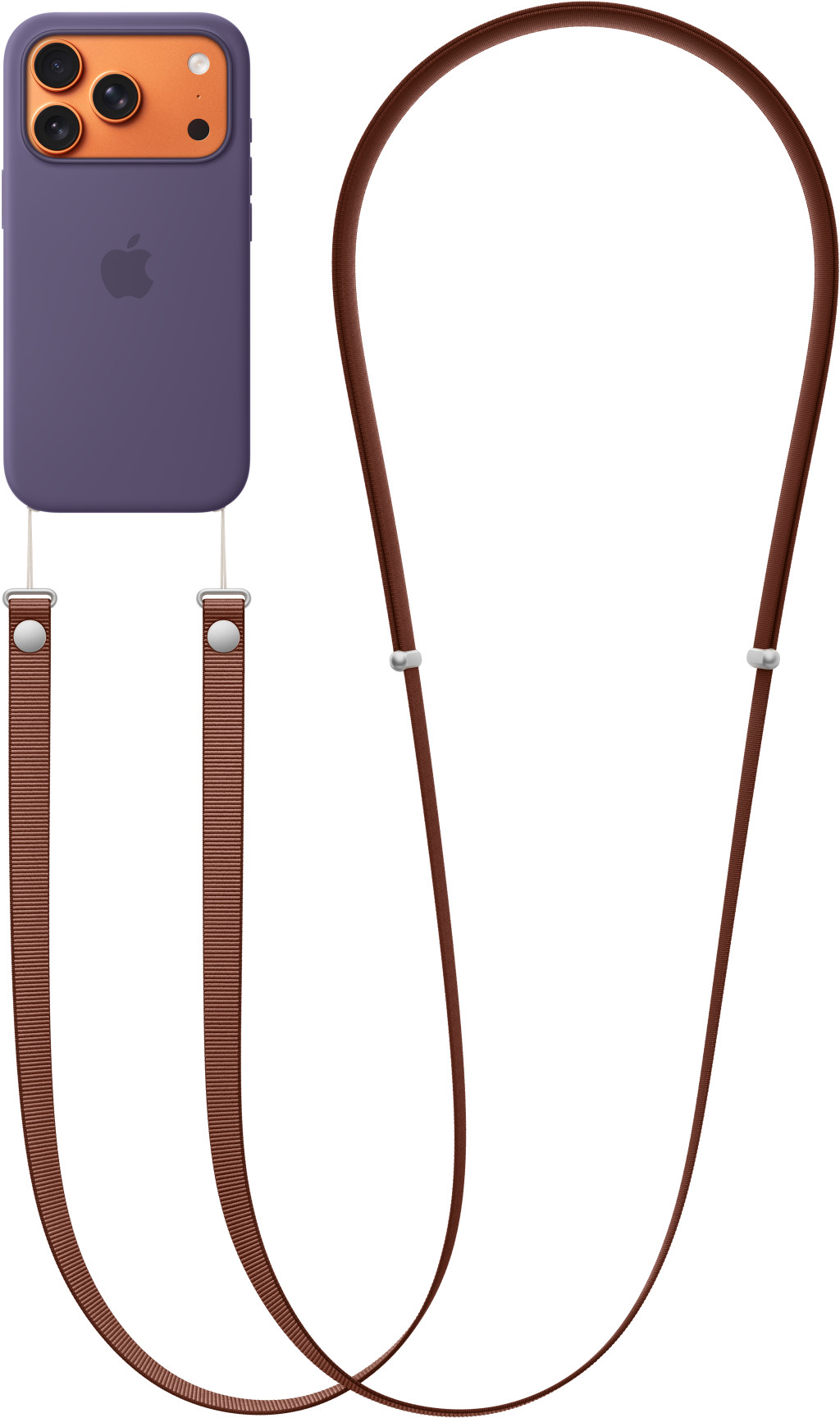 Une coque de téléphone violette avec une section caméra orange, reliée à une sangle marron. Fond blanc.