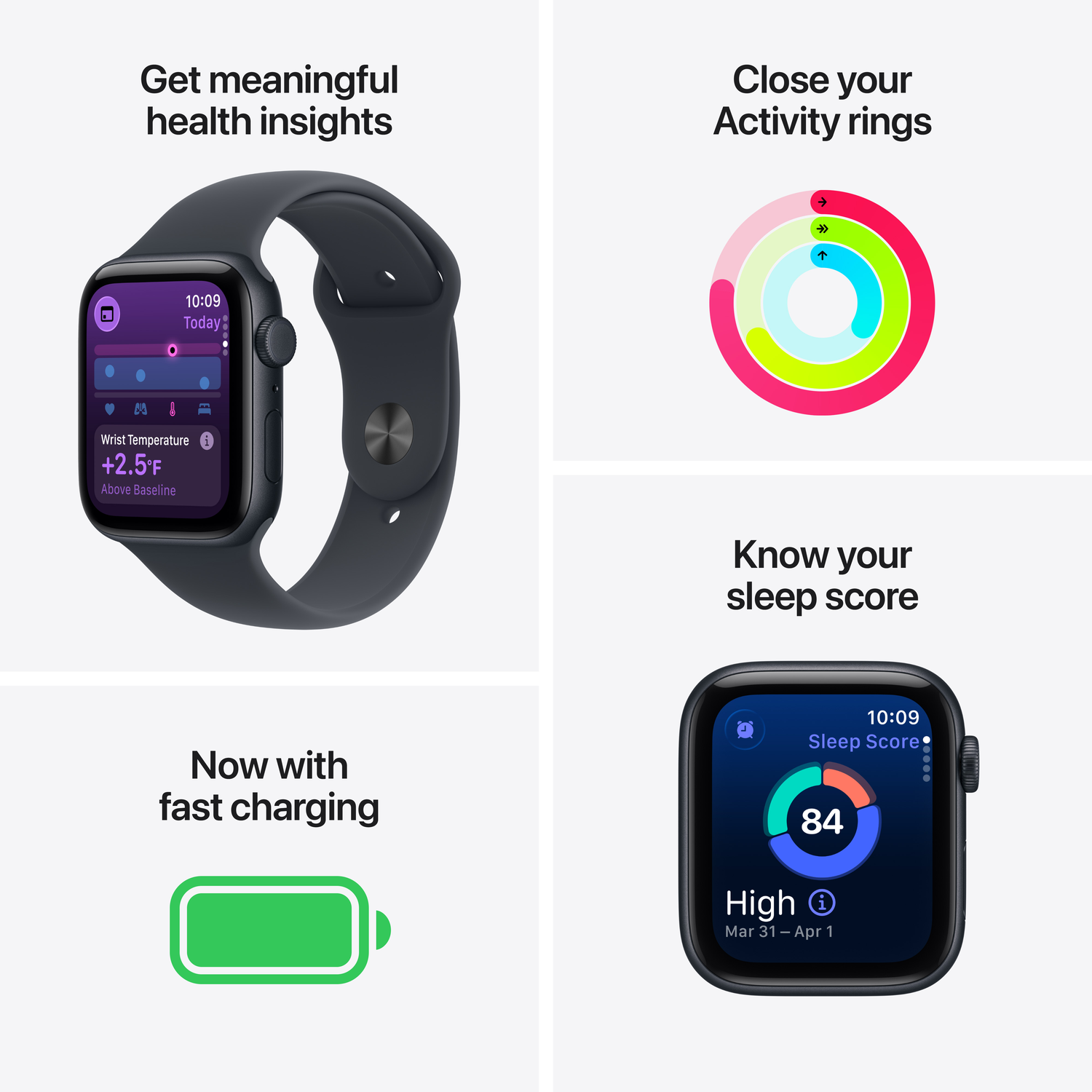 Een Apple Watch toont gezondheidsstatistieken: polstemperatuur, activiteitsringen, slaapscore en snellaadindicator.