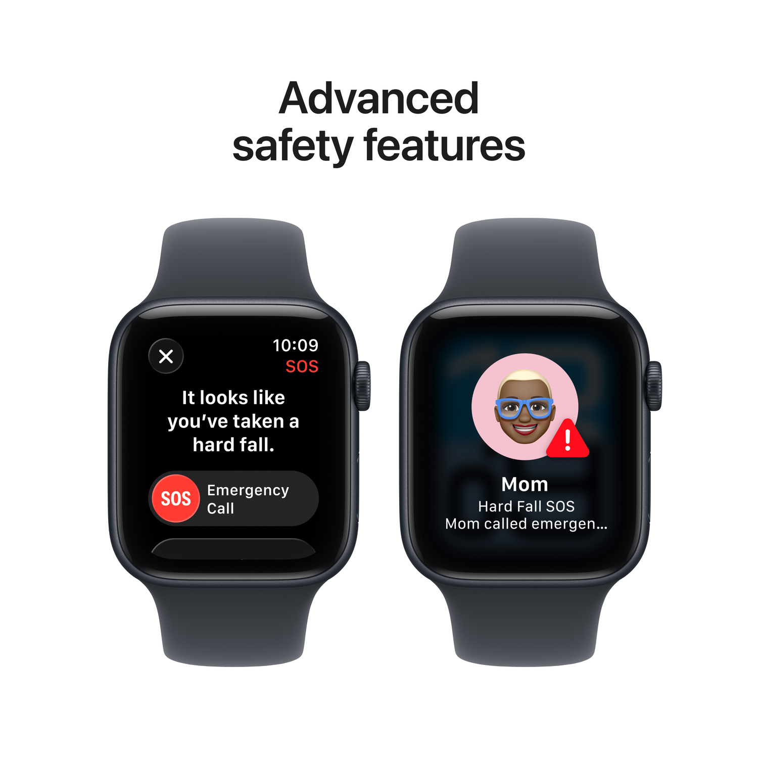 Twee smartwatches tonen valdetectiefuncties. Eén toont een noodoproepoptie, de andere een oproep aan Mama na een val.