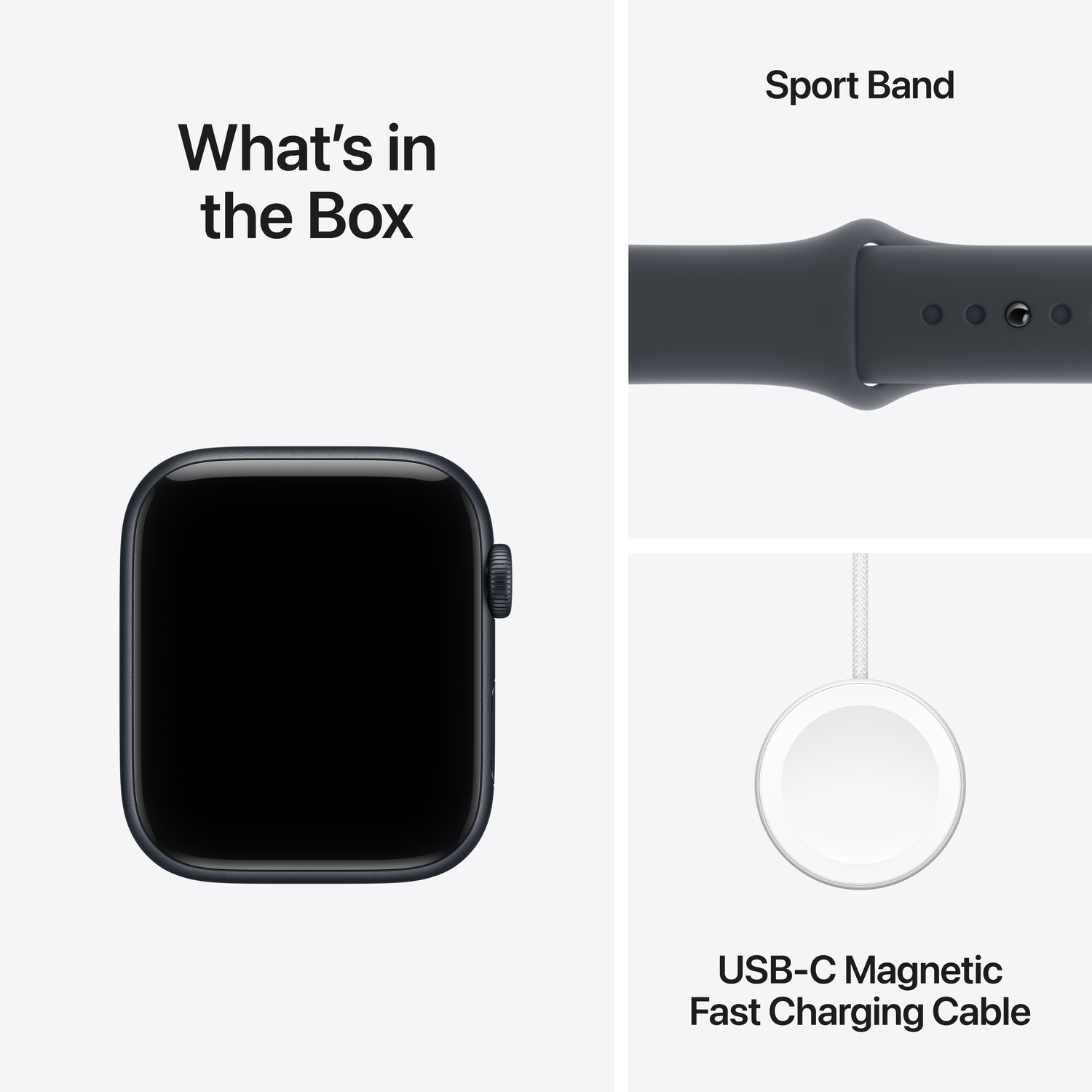 Een Apple Watch, sportbandje en USB-C snellaadkabel worden getoond. De tekst luidt 'Wat zit er in de doos'.