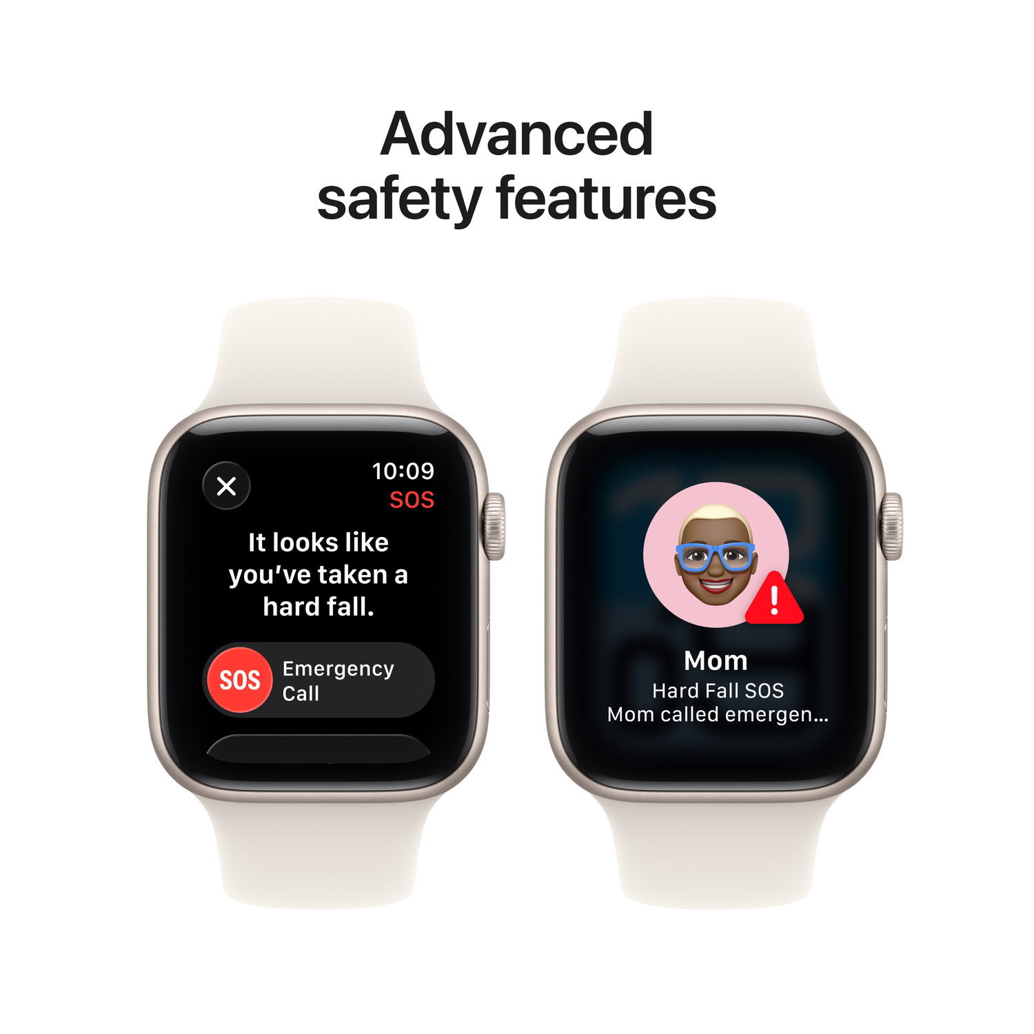 Deux montres intelligentes affichent des fonctions de sécurité. L'une affiche une alerte de détection de chute. L'autre montre un appel à maman après une chute dure.