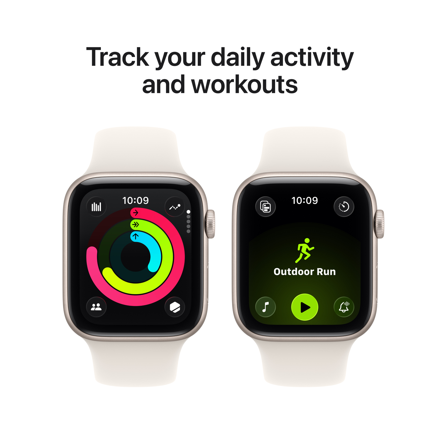 Deux Apple Watch affichent des fonctions de suivi d'activité. L'une montre des anneaux, l'autre une interface de course en extérieur. Bracelets blancs.