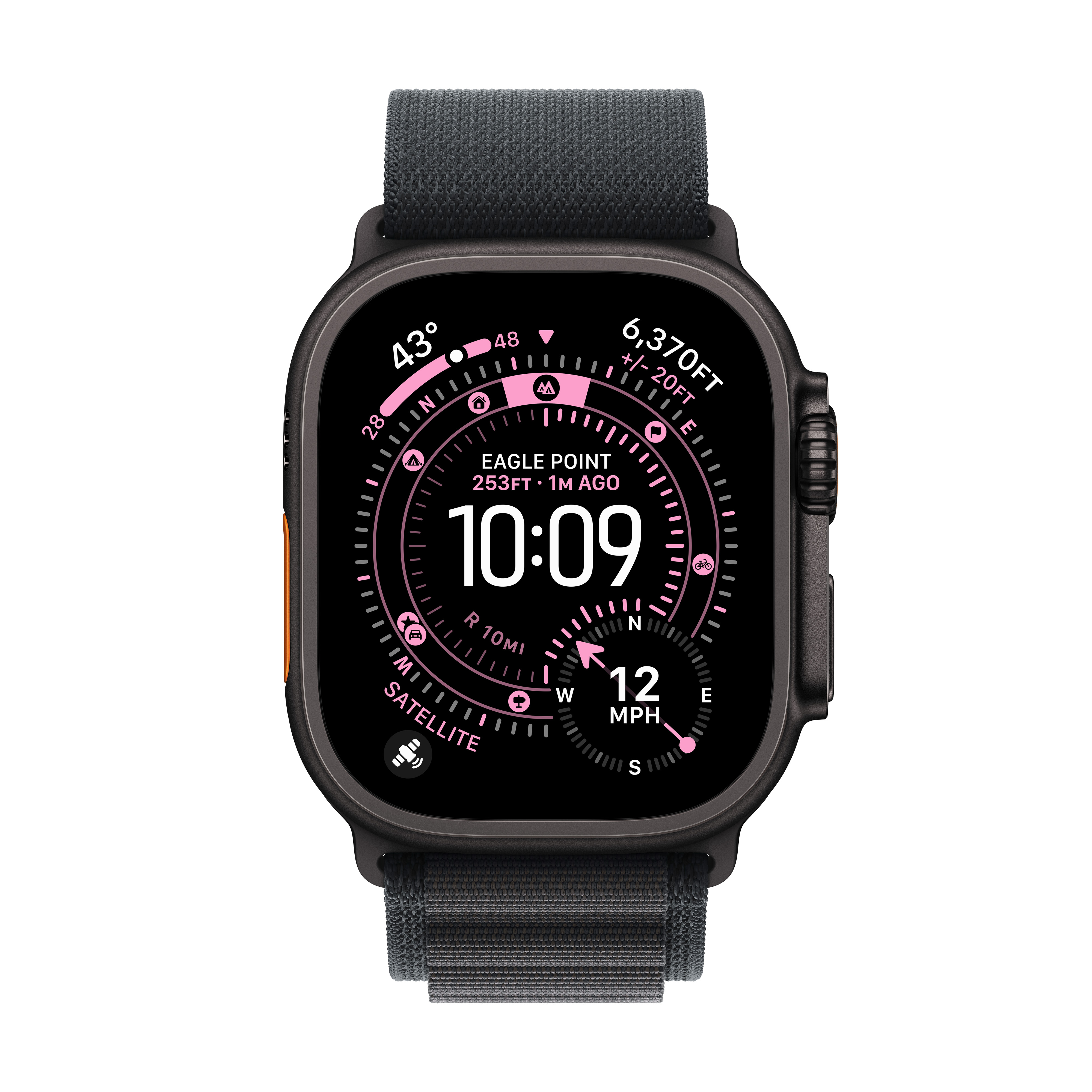 Eine schwarze Apple Watch Ultra zeigt Zeit, Höhe, Geschwindigkeit und andere Daten auf einem schwarzen Bildschirm.