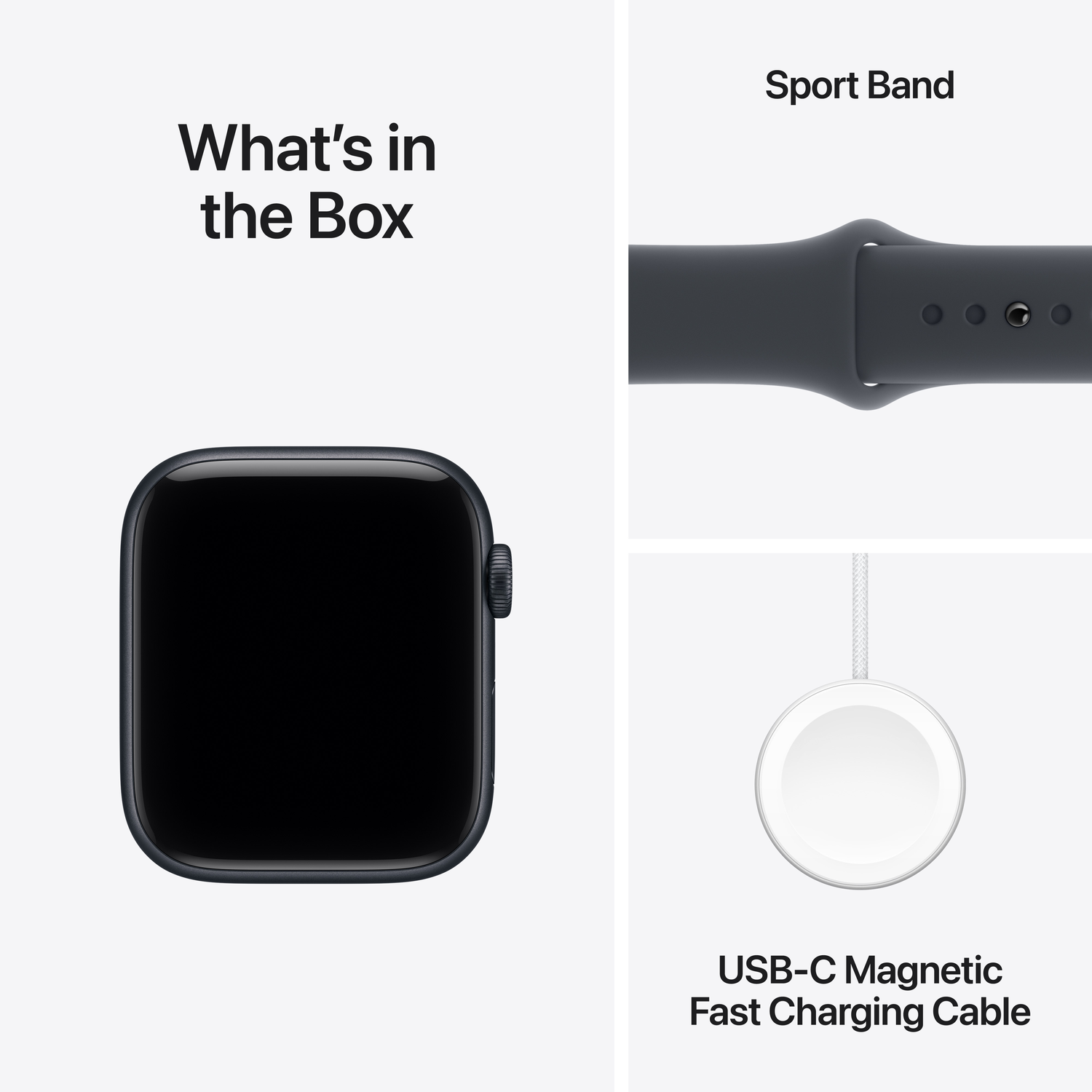 Image shows Apple Watch, sport band, and USB-C magnetic fast charging cable. All on a white background.