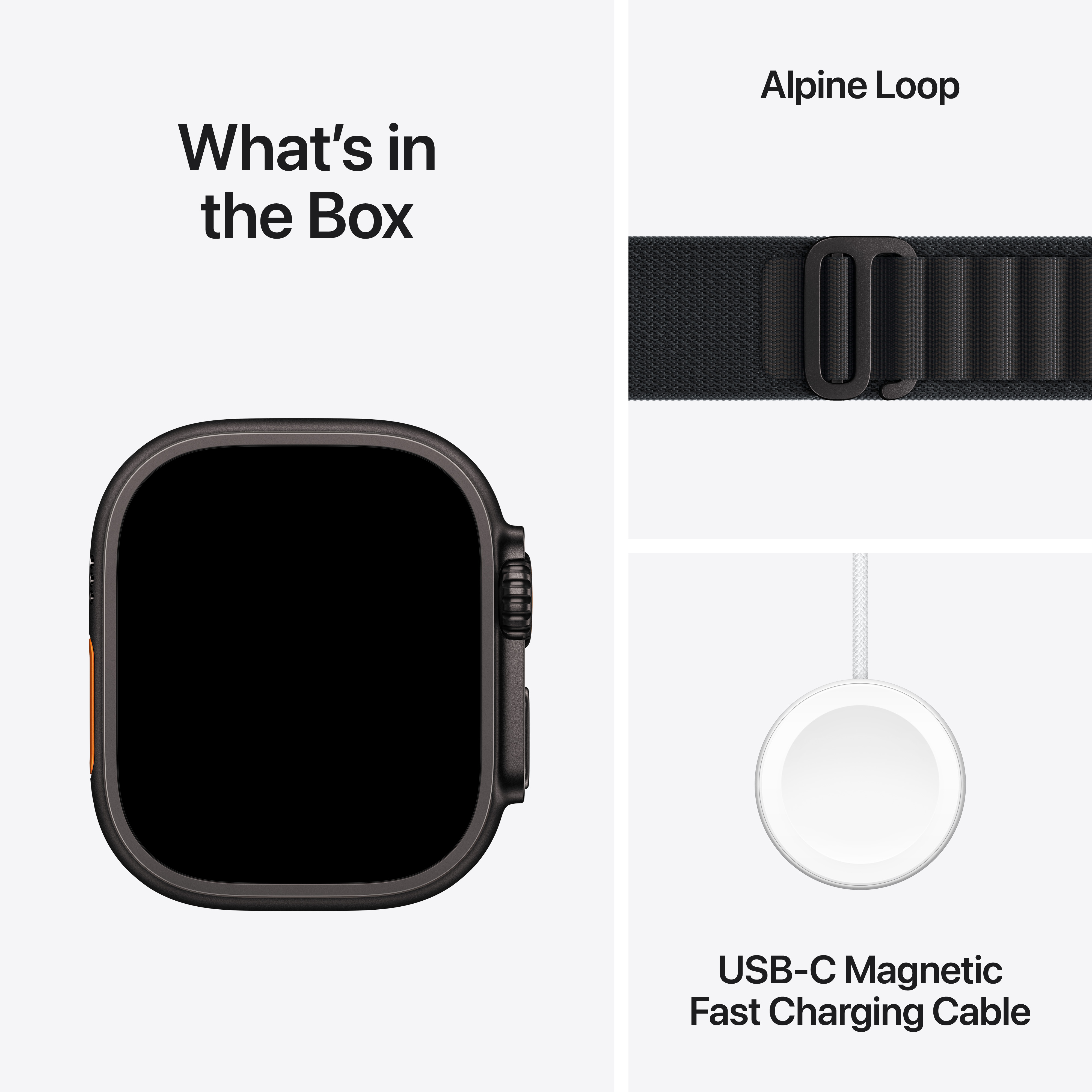 Das Bild zeigt eine Apple Watch, ein Alpine Loop Armband und ein USB-C magnetisches Schnellladekabel.
