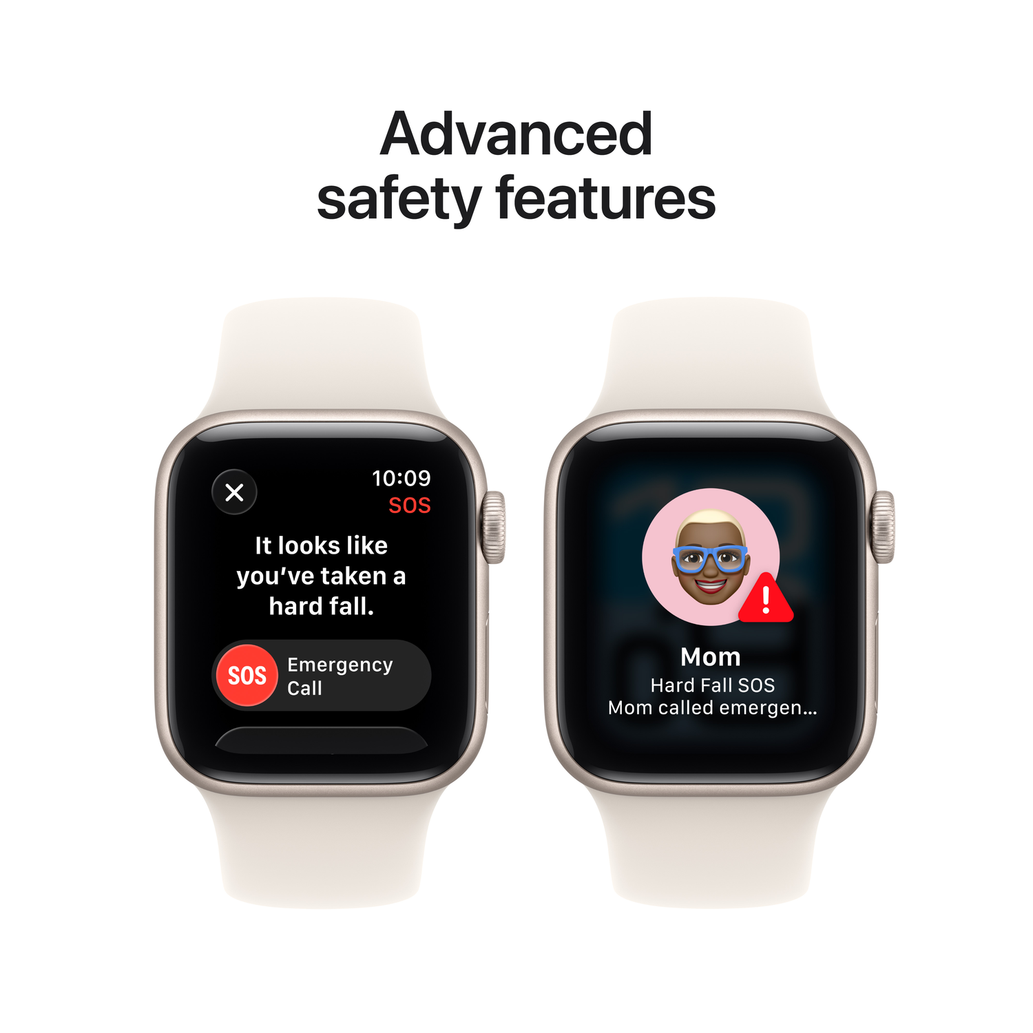 Twee smartwatches tonen noodmeldingen. Eén detecteert een val; de andere belt mama en toont een emoji met een waarschuwingspictogram.