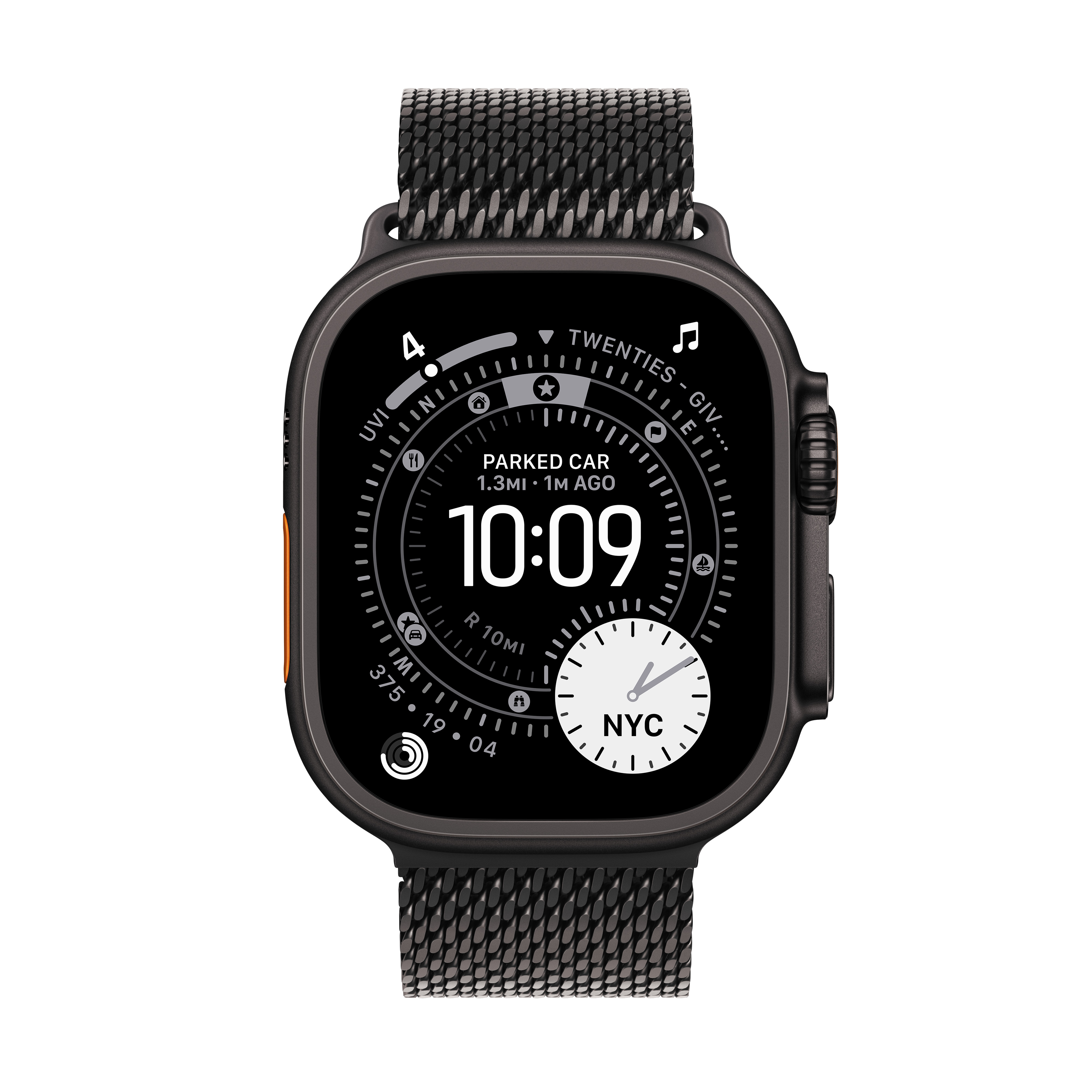 Eine schwarze Smartwatch mit Mesh-Armband zeigt Zeit, NYC und Gesundheitsdaten an. Der Bildschirm zeigt 10:09 und andere Infos.