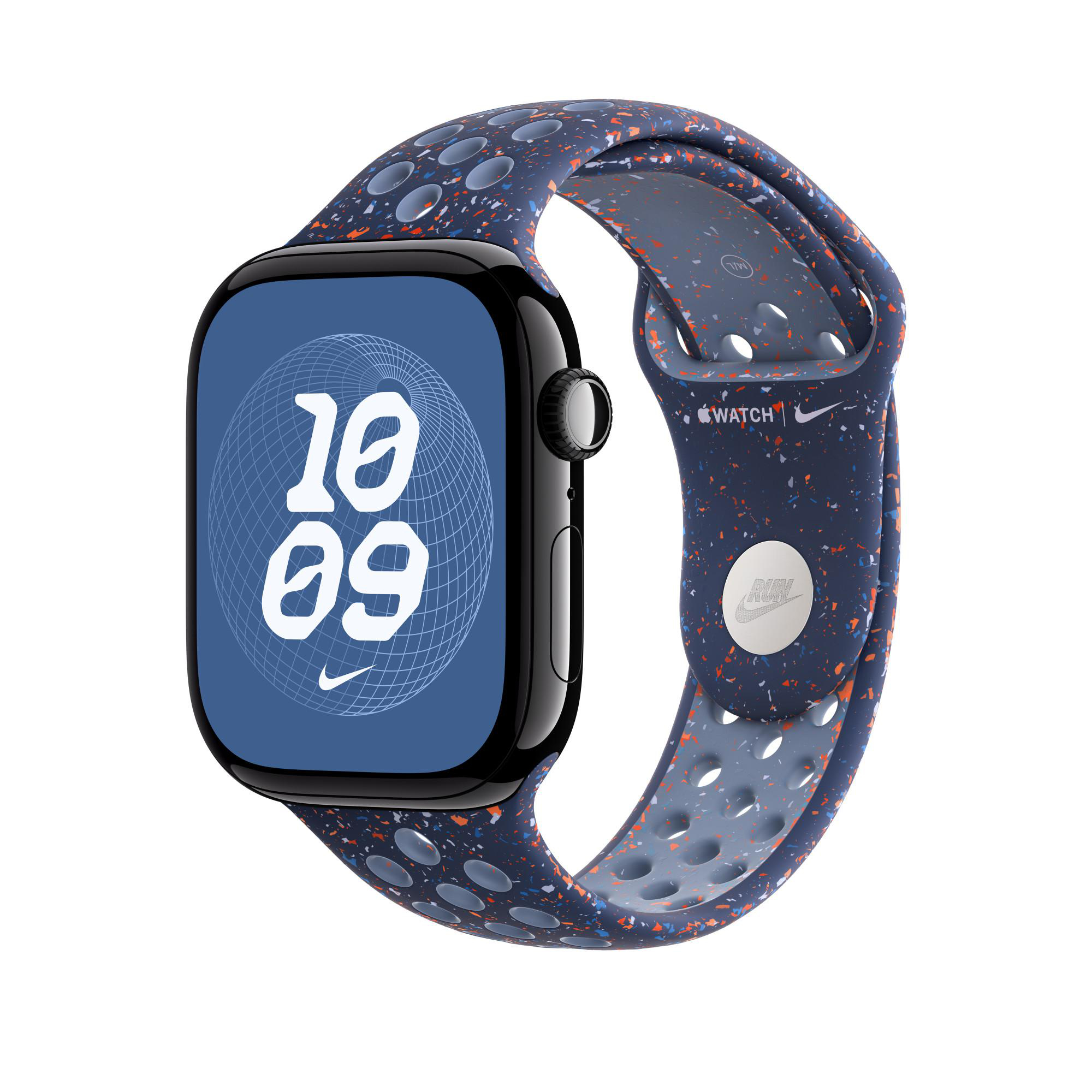 Eine Apple Watch Nike Edition. Sie hat ein schwarzes Gehäuse und ein blaues Armband mit orangefarbenen und weißen Sprenkeln. Die Uhrzeit ist 10:09.