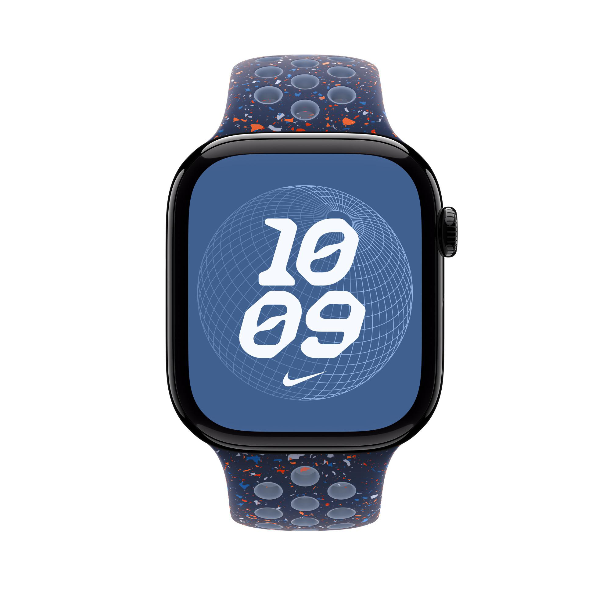 Eine Nike Apple Watch. Das Zifferblatt zeigt 10:09 Uhr an. Das Armband ist marineblau mit orangefarbenen und weißen Sprenkeln.