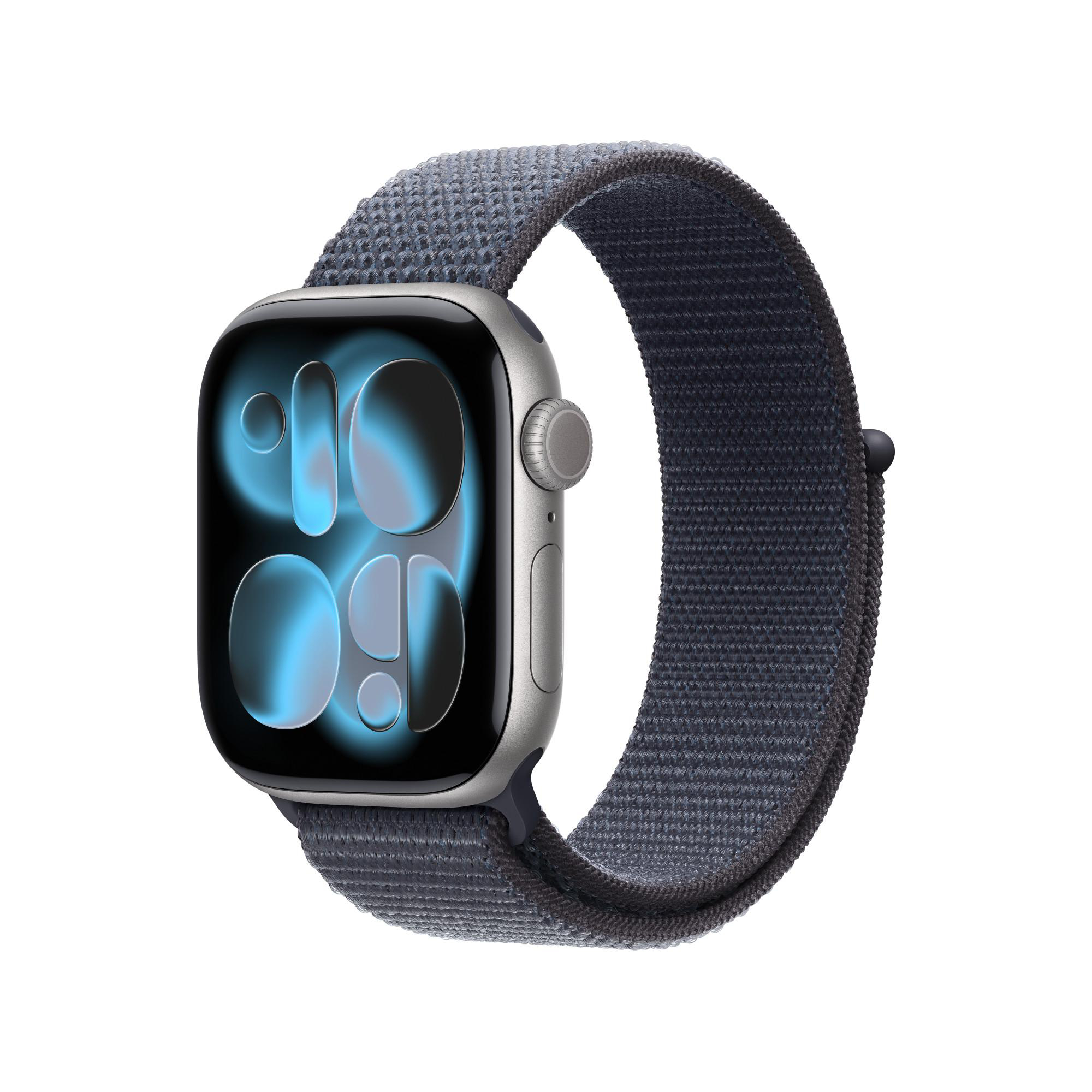 Eine Apple Watch mit grauem Aluminiumgehäuse und einem dunkelblauen, gewebten Nylonarmband. Das Zifferblatt zeigt ein blaues Design.