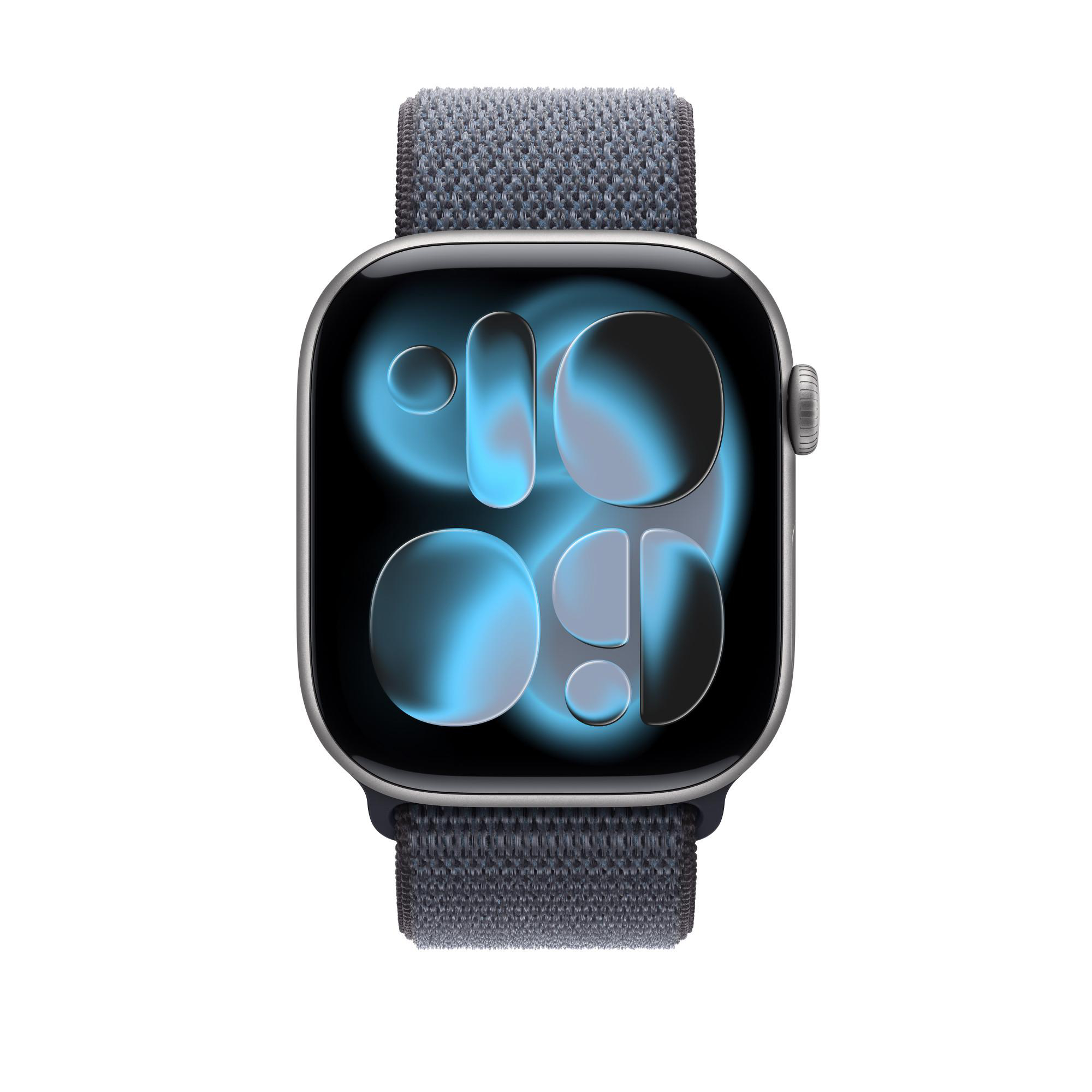 Apple Watch mit grauem Armband. Das Zifferblatt zeigt blaue, abstrakte Formen. Es ist auf weißem Hintergrund zentriert.