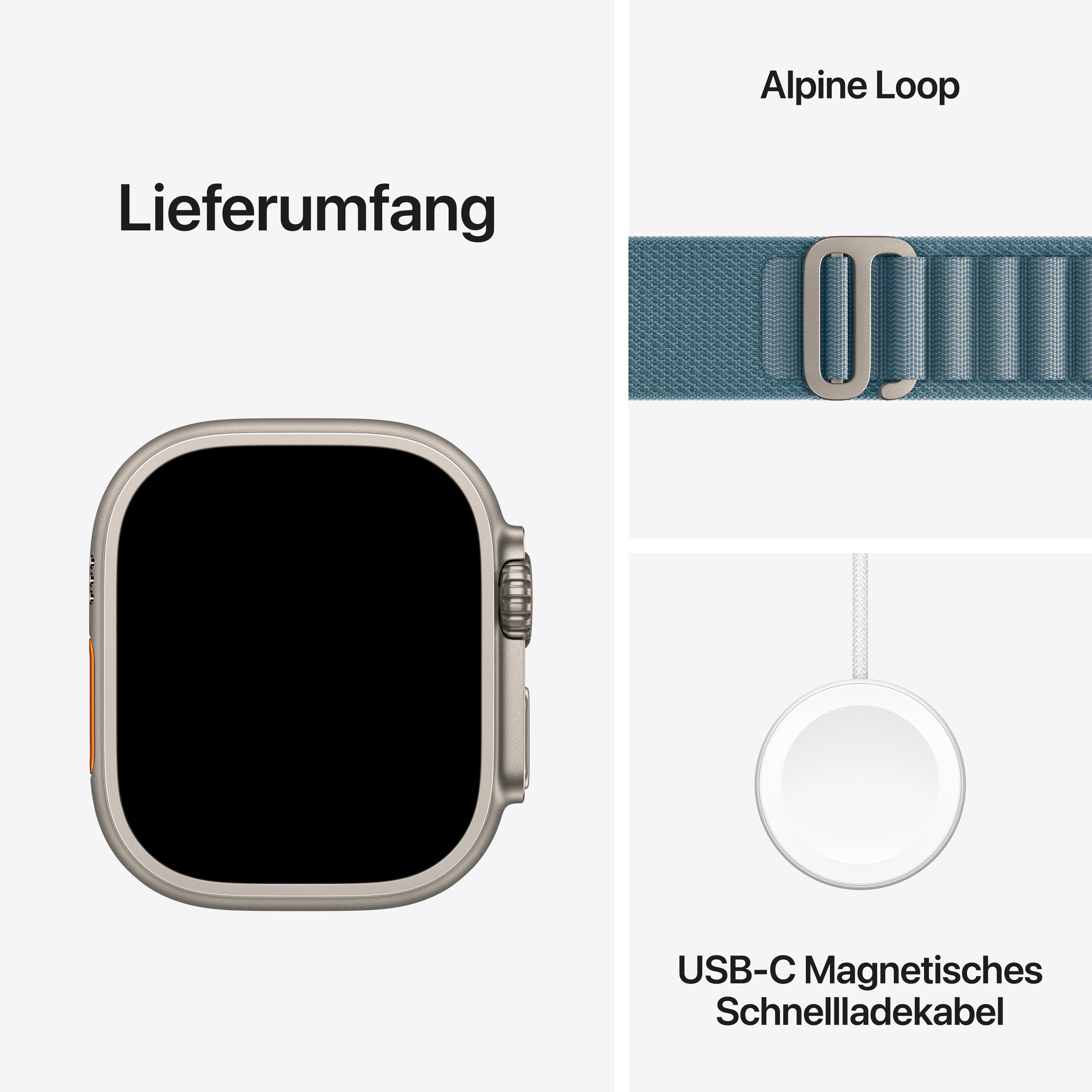 Bild zeigt Apple Watch Ultra, Alpine Loop Armband und USB-C magnetisches Schnellladekabel.