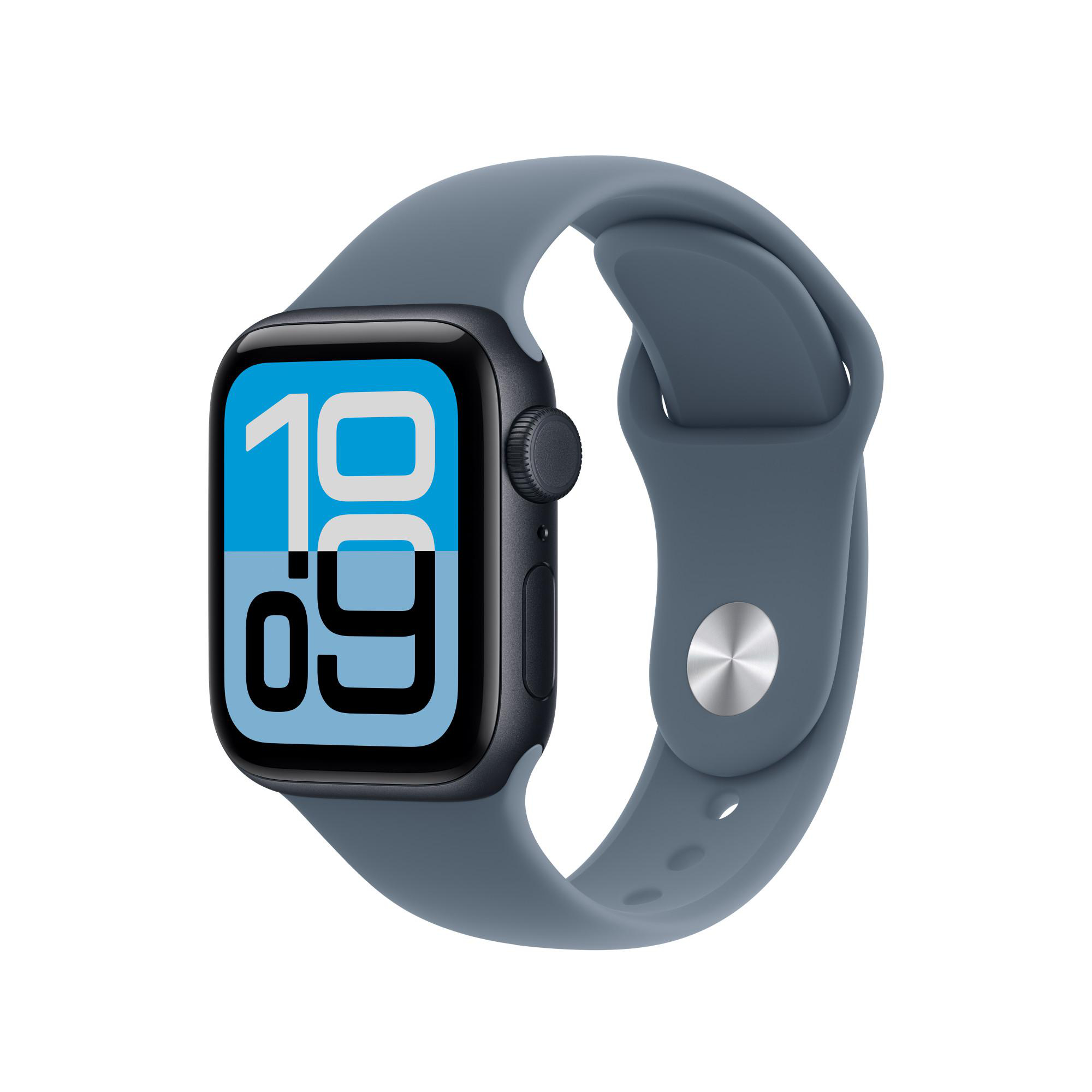 Eine Apple Watch mit blauem Armband zeigt die Uhrzeit 10:09 auf dem Bildschirm an. Die Uhr befindet sich vor weißem Hintergrund.
