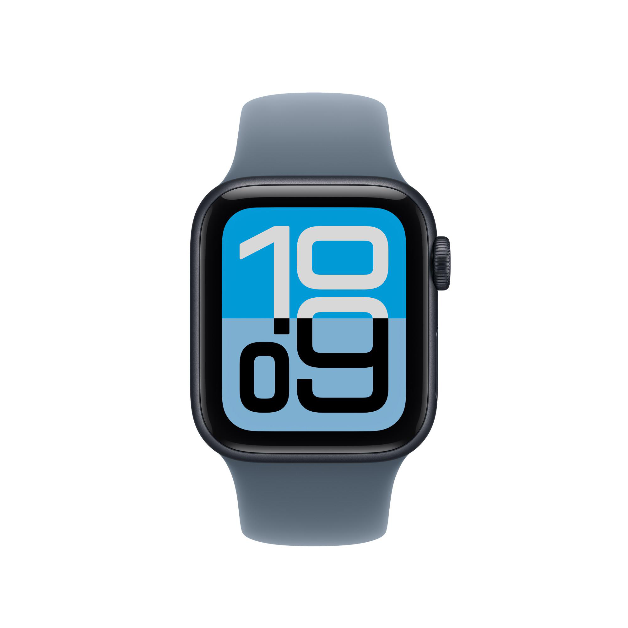 Eine graue Smartwatch zeigt 10:09 auf einem blau-weißen Bildschirm. Die Uhr hat ein graues Armband und befindet sich vor weißem Hintergrund.