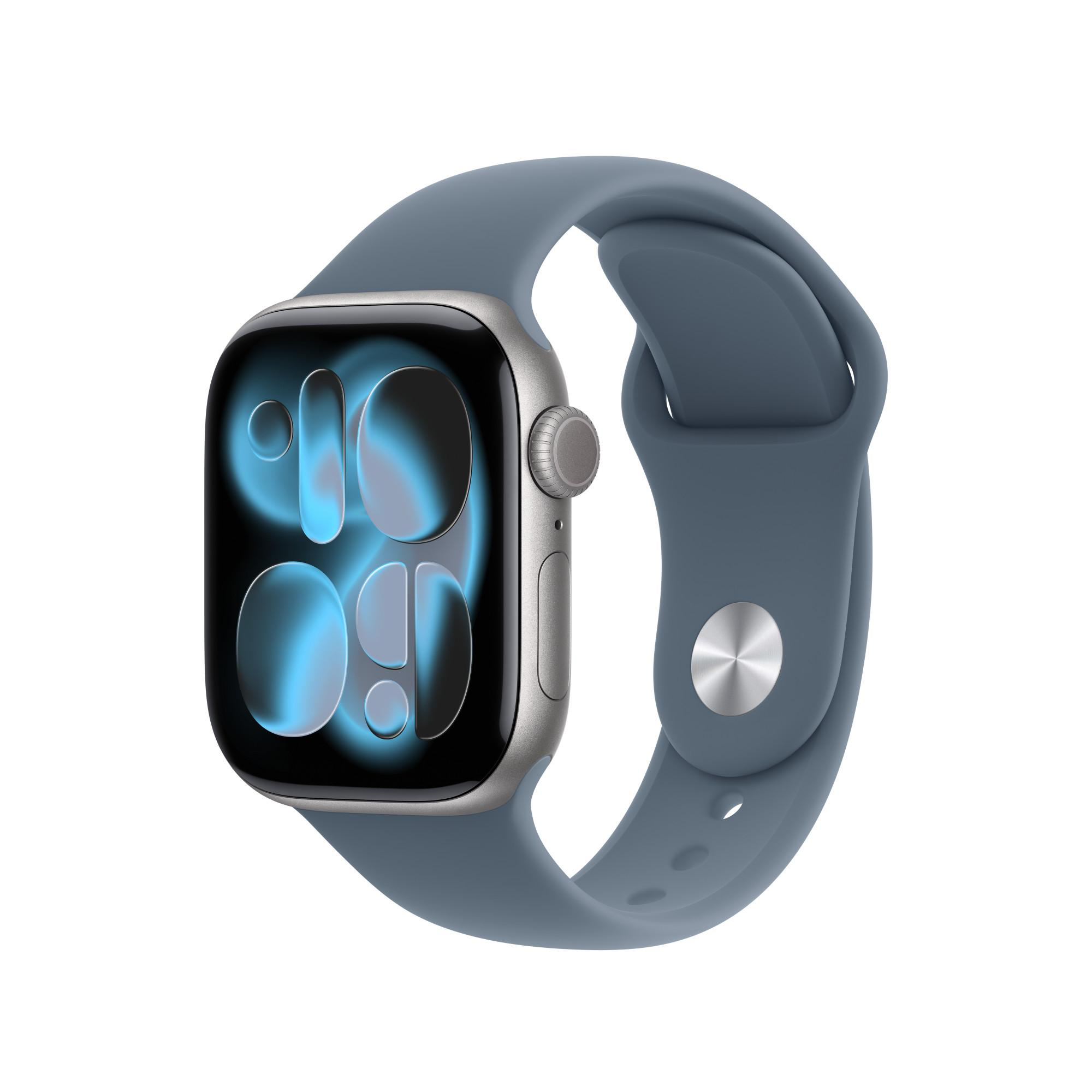 Eine silberne Apple Watch mit blauem Armband. Das Zifferblatt zeigt blaue Lichtmuster. Der Hintergrund ist weiß.