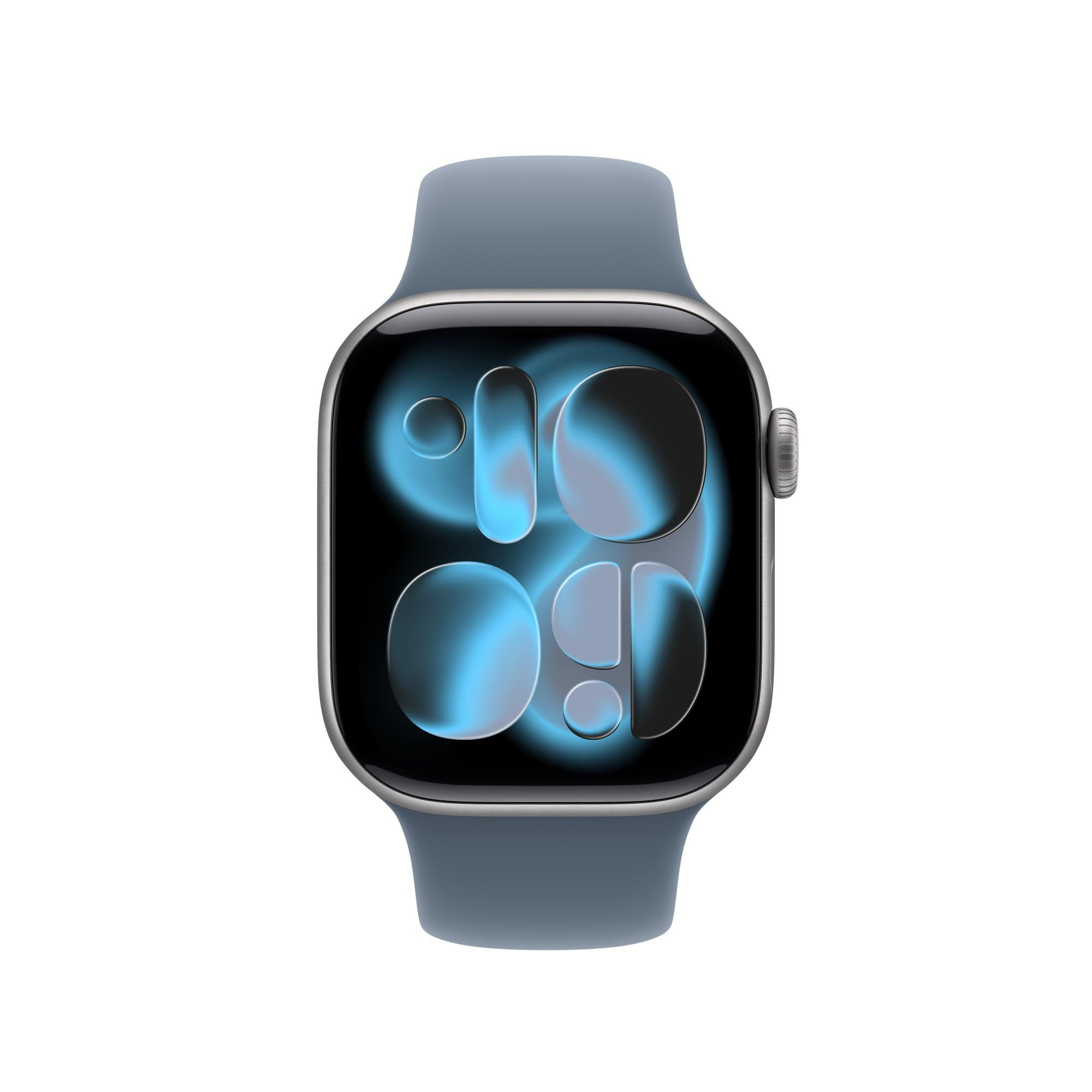 Eine silberne Apple Watch mit blauem Armband. Das Ziffernblatt zeigt die Uhrzeit 10:09 in blauem und schwarzem Design.