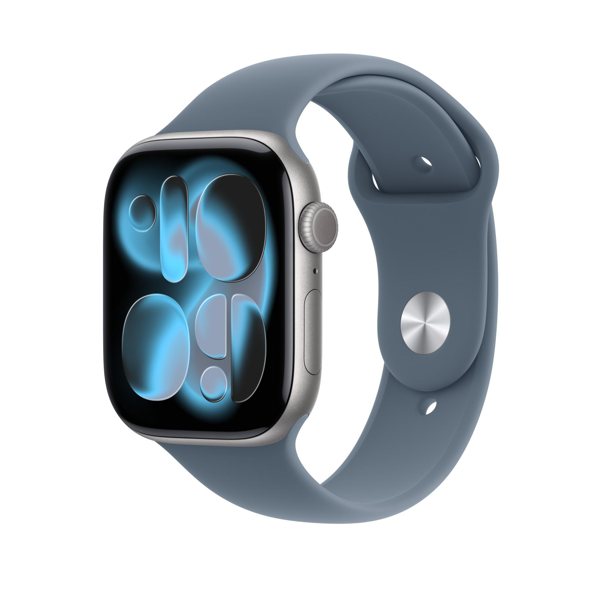 Apple Watch mit blauem Armband. Das Zifferblatt zeigt eine blaue digitale Oberfläche. Die Uhr ist silber.