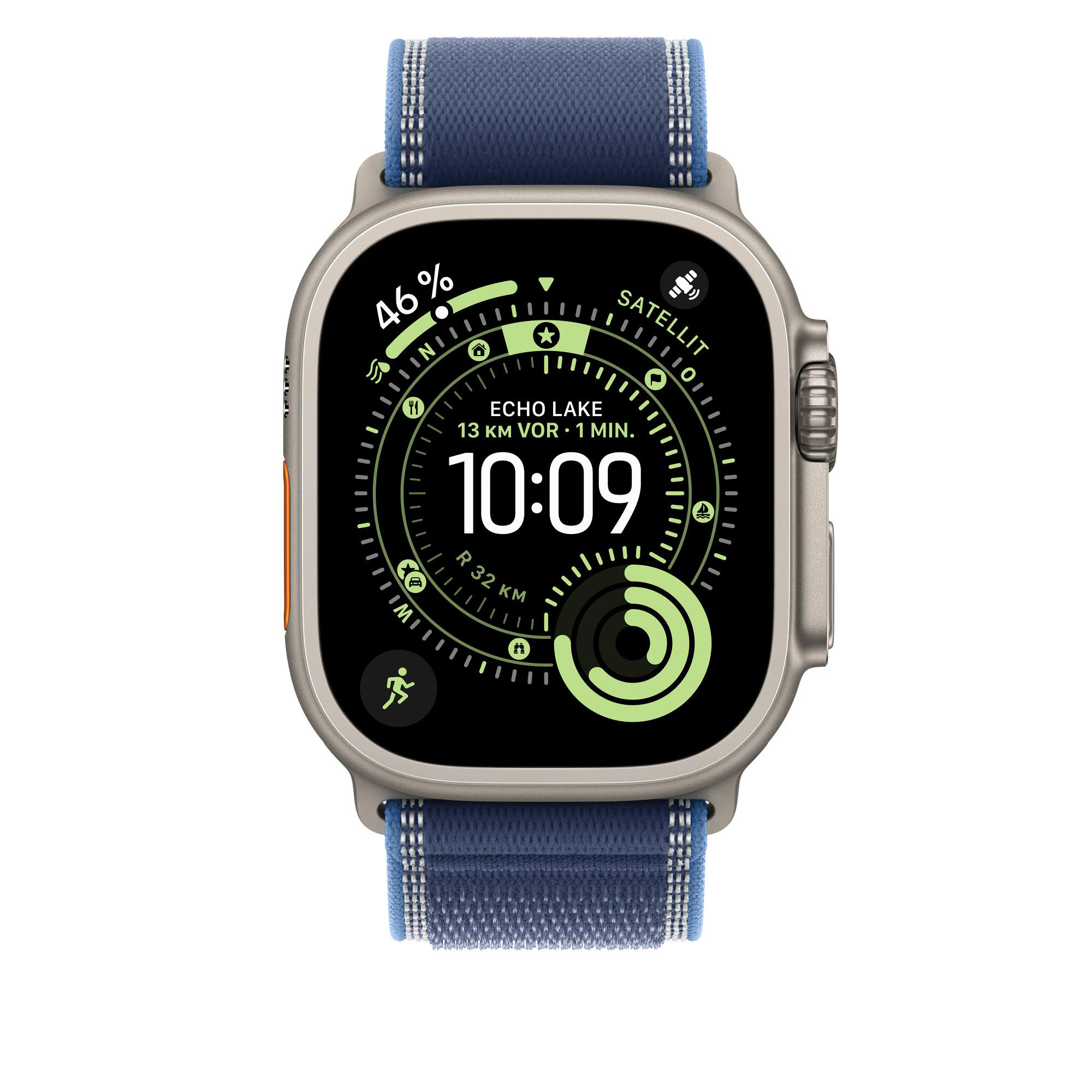 Eine Smartwatch mit blauem Armband zeigt Zeit, Akku und Fitnessdaten an. Der Bildschirm zeigt 10:09 und 46 % Akku.