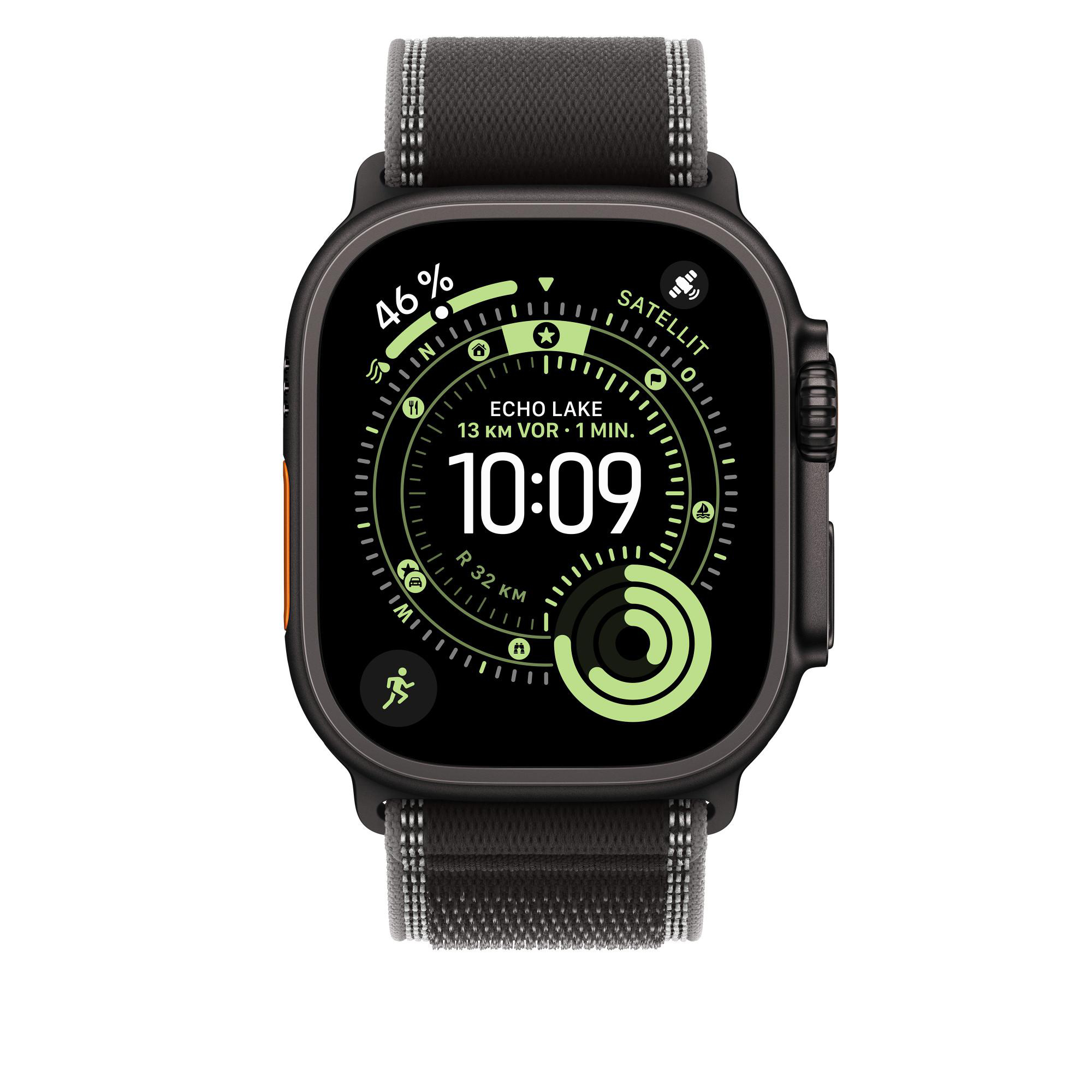 Schwarze Smartwatch, die Zeit, Akku und Standortdaten anzeigt. Sie hat ein schwarzes Armband und hellgrüne Details auf dem Bildschirm.