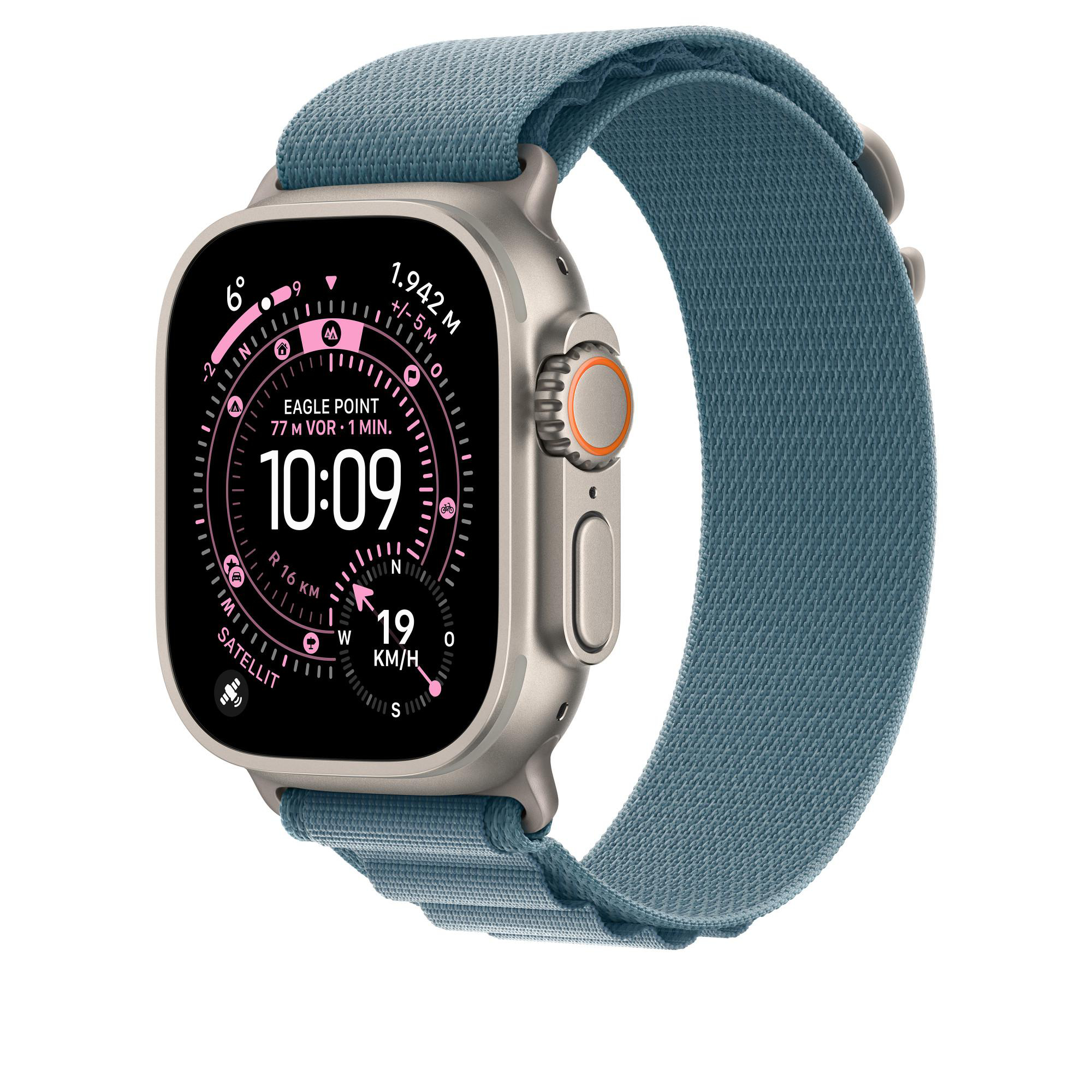 Eine silberne Apple Watch Ultra mit tealfarbenem Armband zeigt Zeit, Standortdaten und Satelliteninformationen an.
