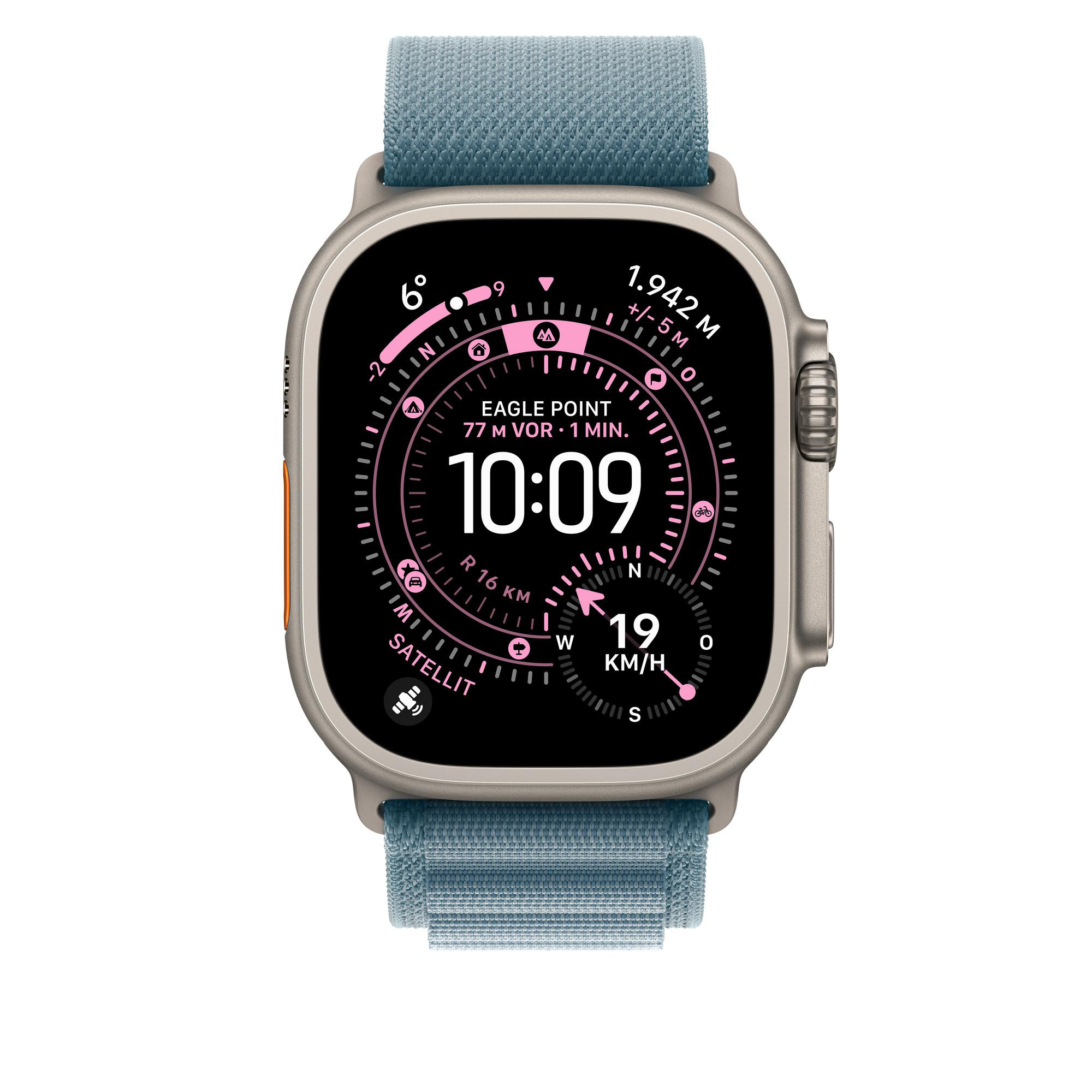 Eine silberne Smartwatch mit blauem Armband zeigt Zeit, Standort und Geschwindigkeit an. Der Bildschirm hat pinkfarbene Details.