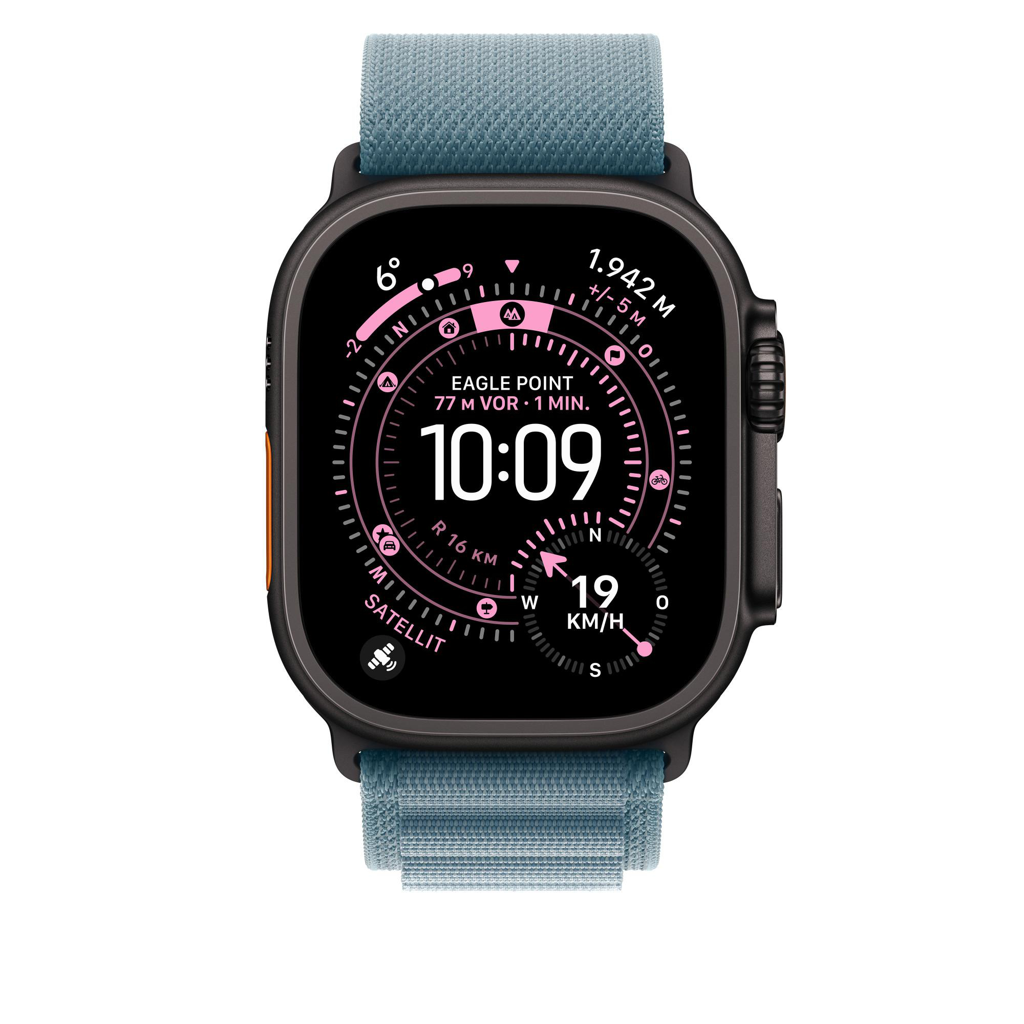 Eine schwarze Smartwatch mit blauem Band zeigt Zeit, Höhe und Geschwindigkeitsinformationen an. Pinke Details kontrastieren mit dem schwarzen Display.