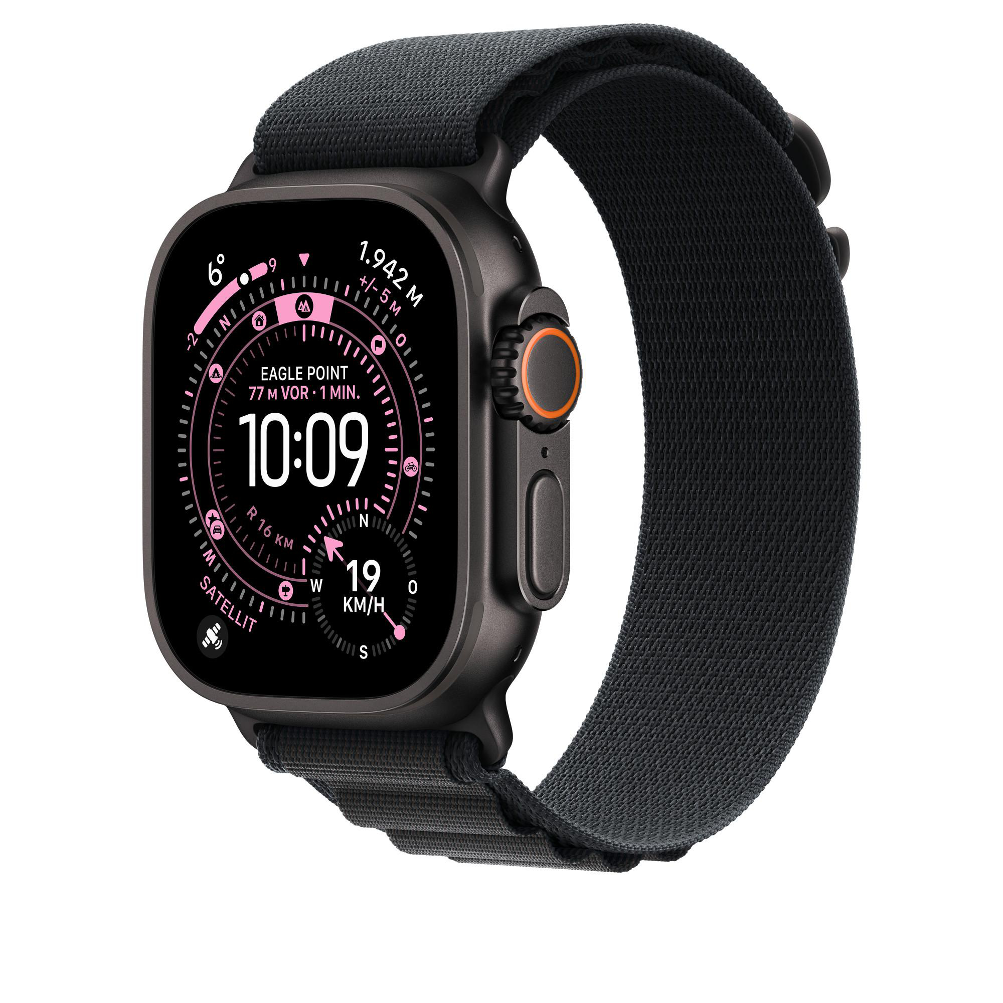 Eine schwarze Smartwatch mit schwarzem Stoffband. Der Bildschirm zeigt Zeit, Höhe und andere Daten an, auf weißem Hintergrund.