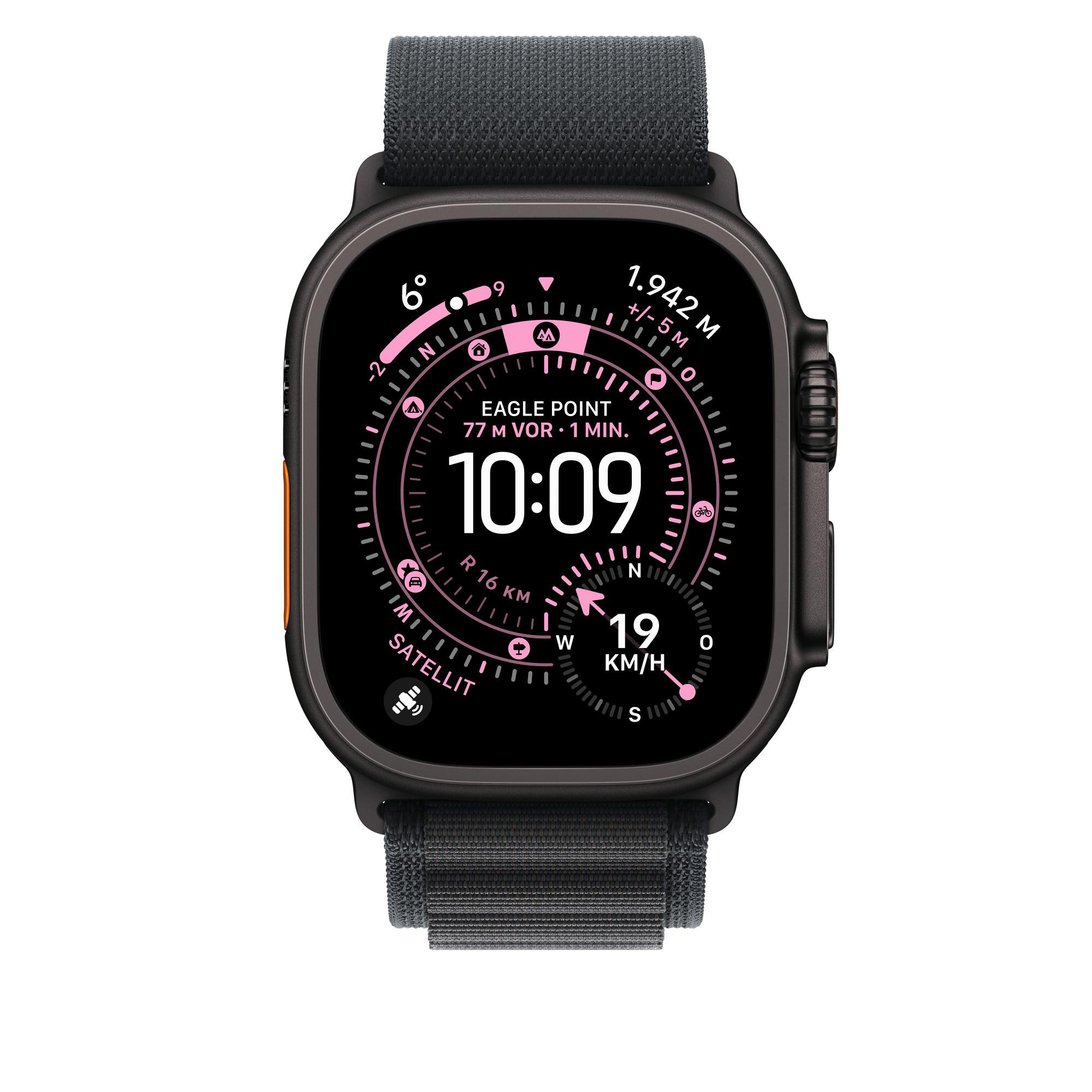 Schwarze Smartwatch zeigt Daten an: Uhrzeit, Höhe, Geschwindigkeit und Kompass. Sie hat ein schwarzes Armband und eine orangefarbene Seitentaste.