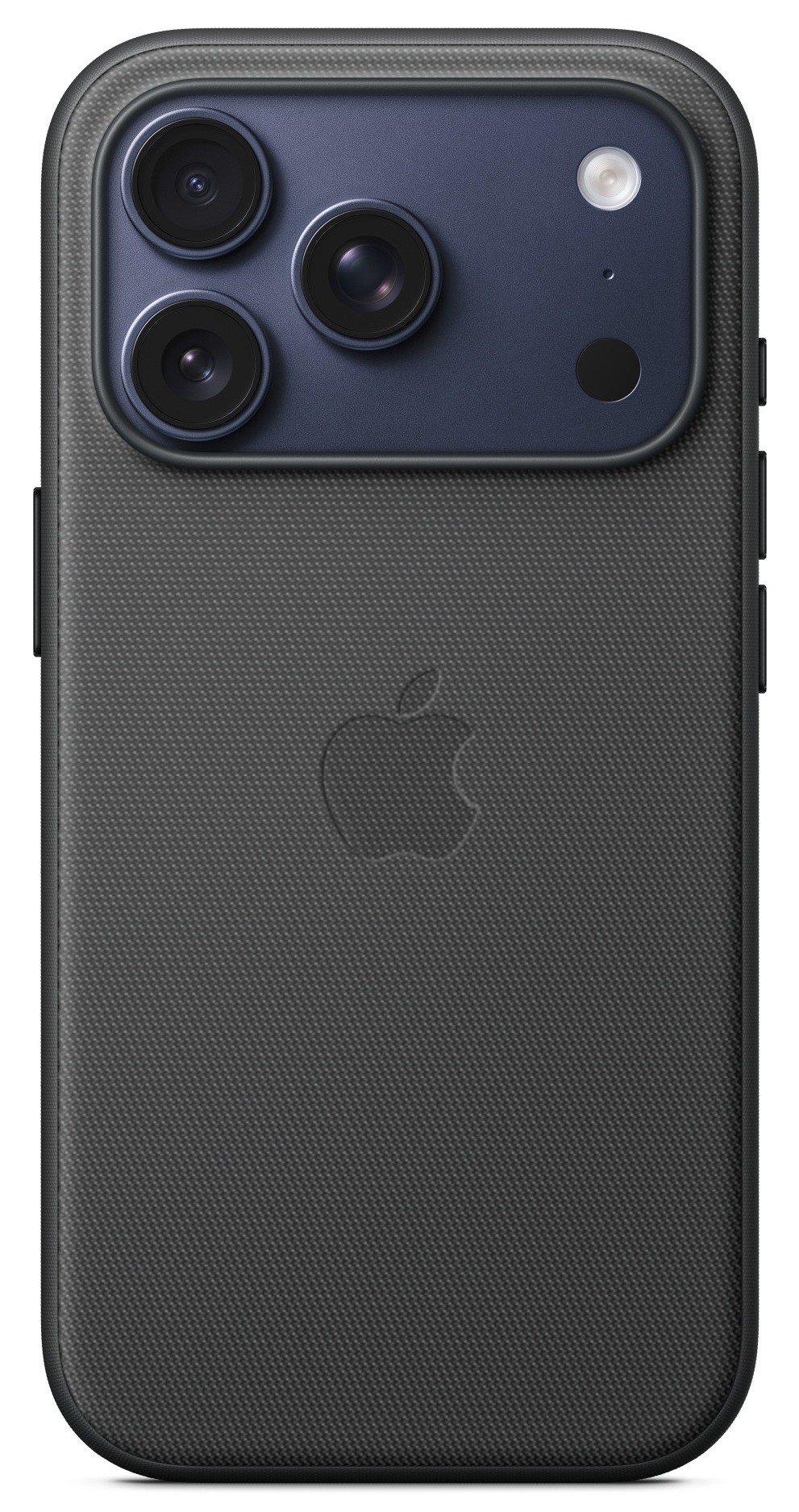 Tył ciemnoszarego iPhone'a. Ma potrójny obiektyw aparatu, lampę błyskową i logo Apple. Obudowa ma teksturowany wzór.