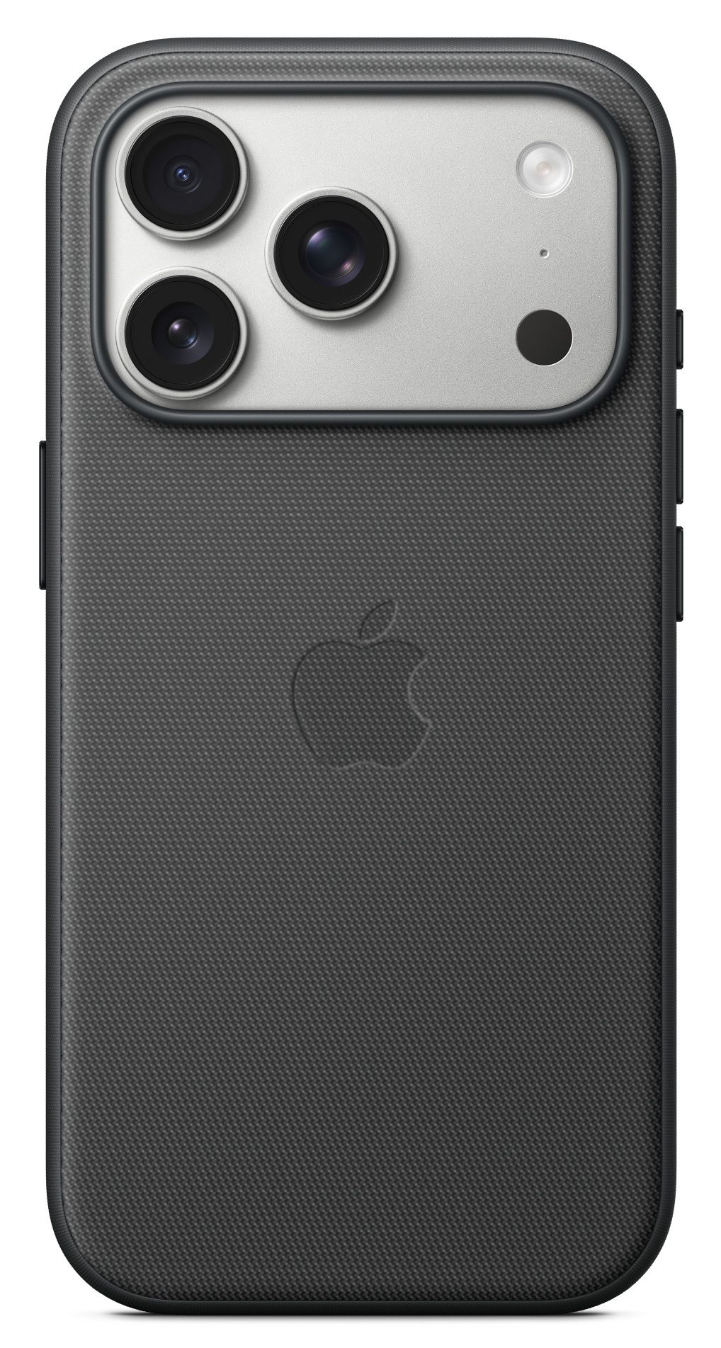 Ciemnoszary tył iPhone'a. Ma trzy obiektywy aparatu, lampę błyskową i logo Apple. Obudowa ma teksturowaną powierzchnię.