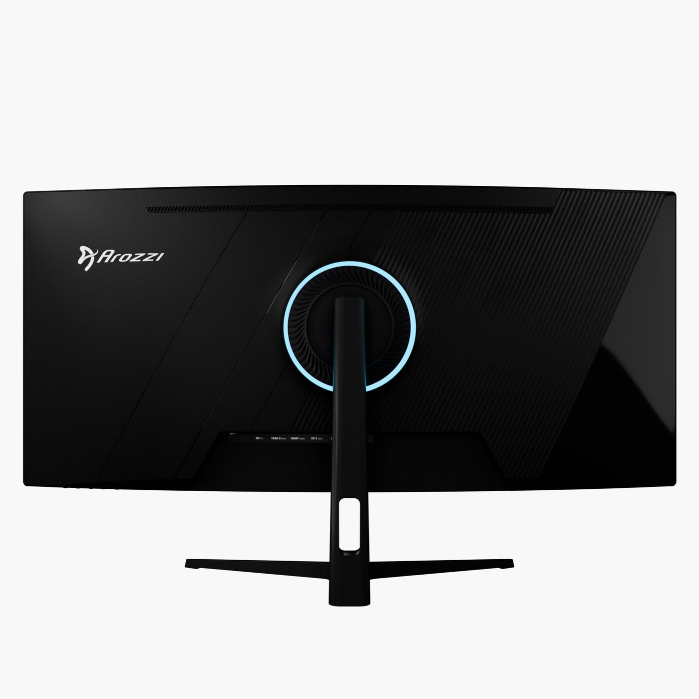 Rückansicht eines schwarzen Arozzi Curved Gaming Monitors. Er hat einen Ständer, einen blauen Lichtring und Anschlüsse.