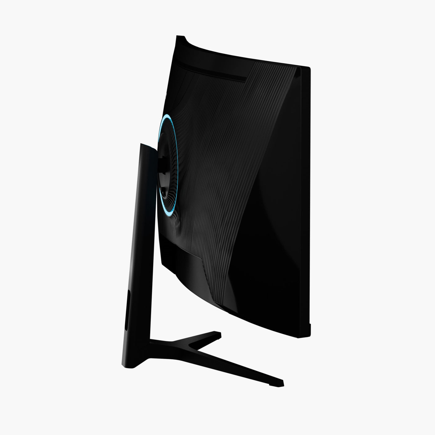 Ein gebogener, schwarzer Computermonitor wird gezeigt. Er hat einen blauen Lichtring auf der Rückseite und einen schwarzen Ständer.