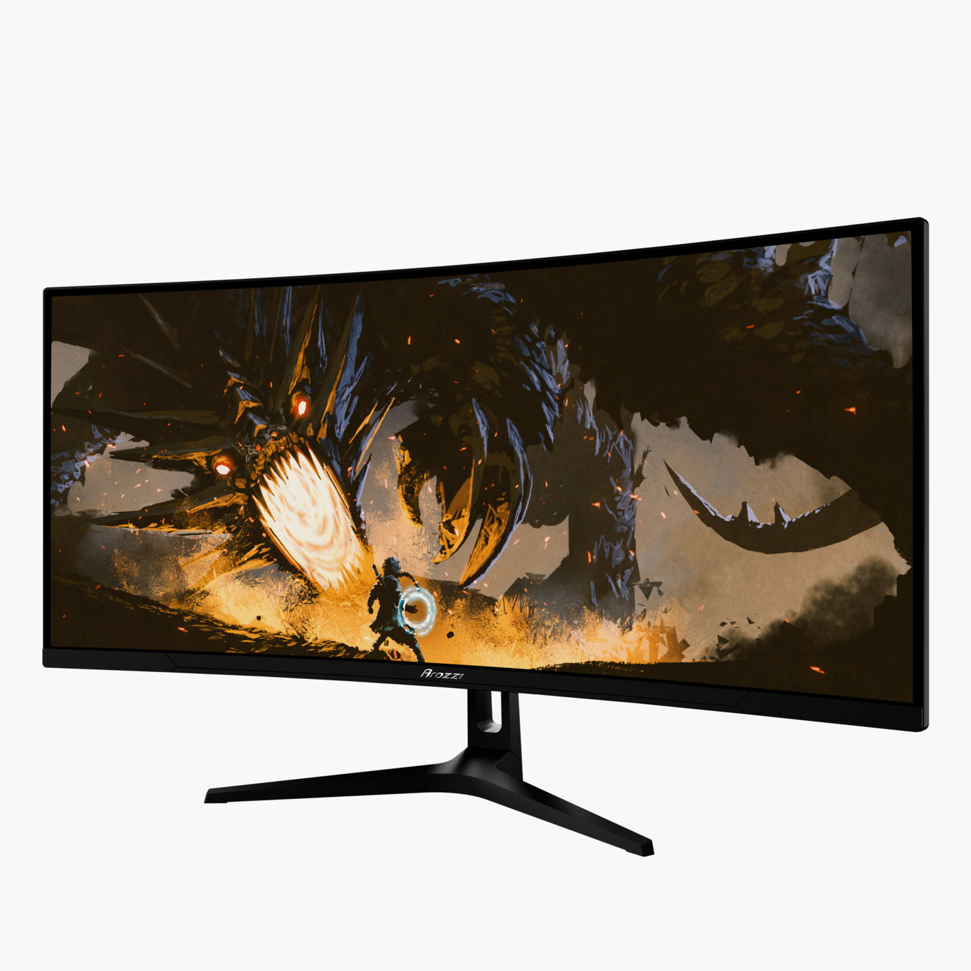 Ein gekrümmter Gaming-Monitor zeigt eine Fantasieszene mit einem Drachen und einem Krieger. Der Monitor ist schwarz, mit einem schwarzen Ständer.