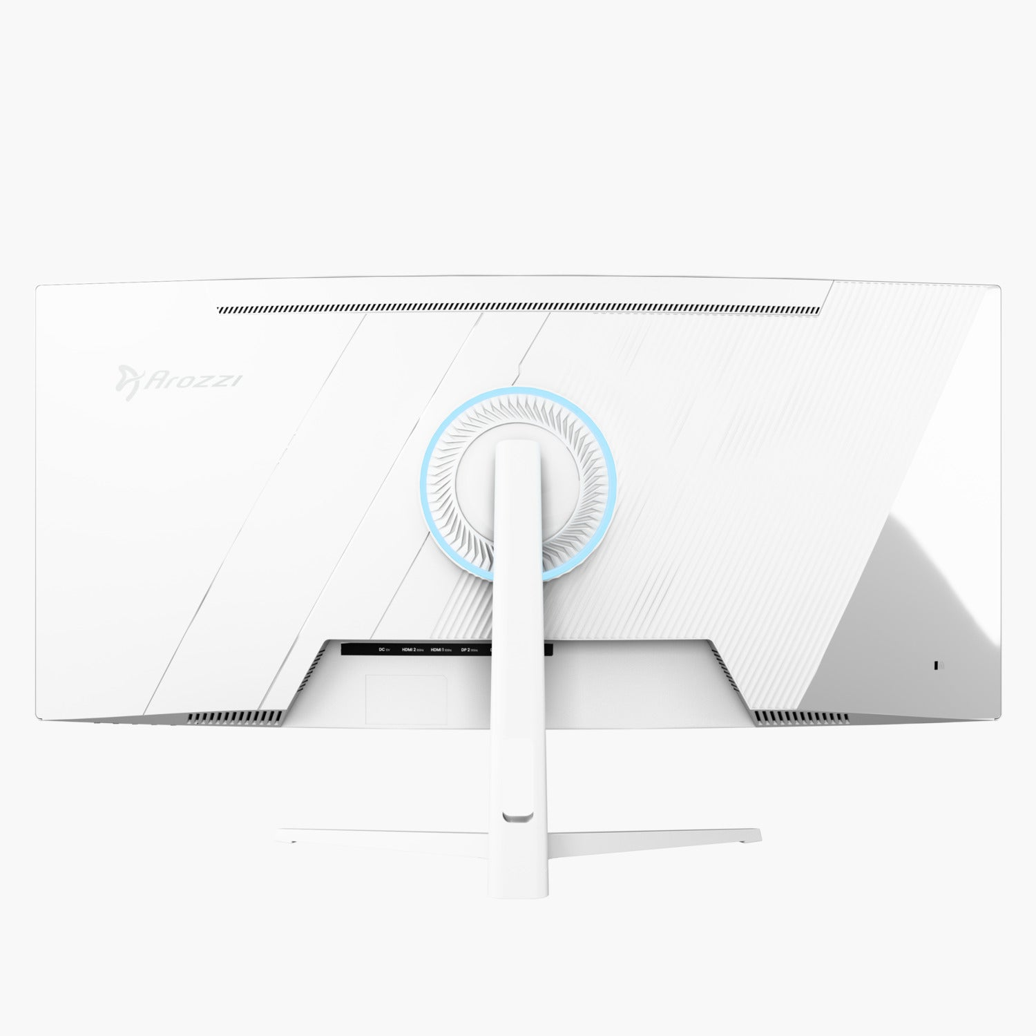 Weißer Arozzi-Monitor. Rückansicht. Verfügt über einen Ständer, Anschlüsse und ein beleuchtetes Kreisdesign. Der Monitor hat eine saubere, moderne Ästhetik.