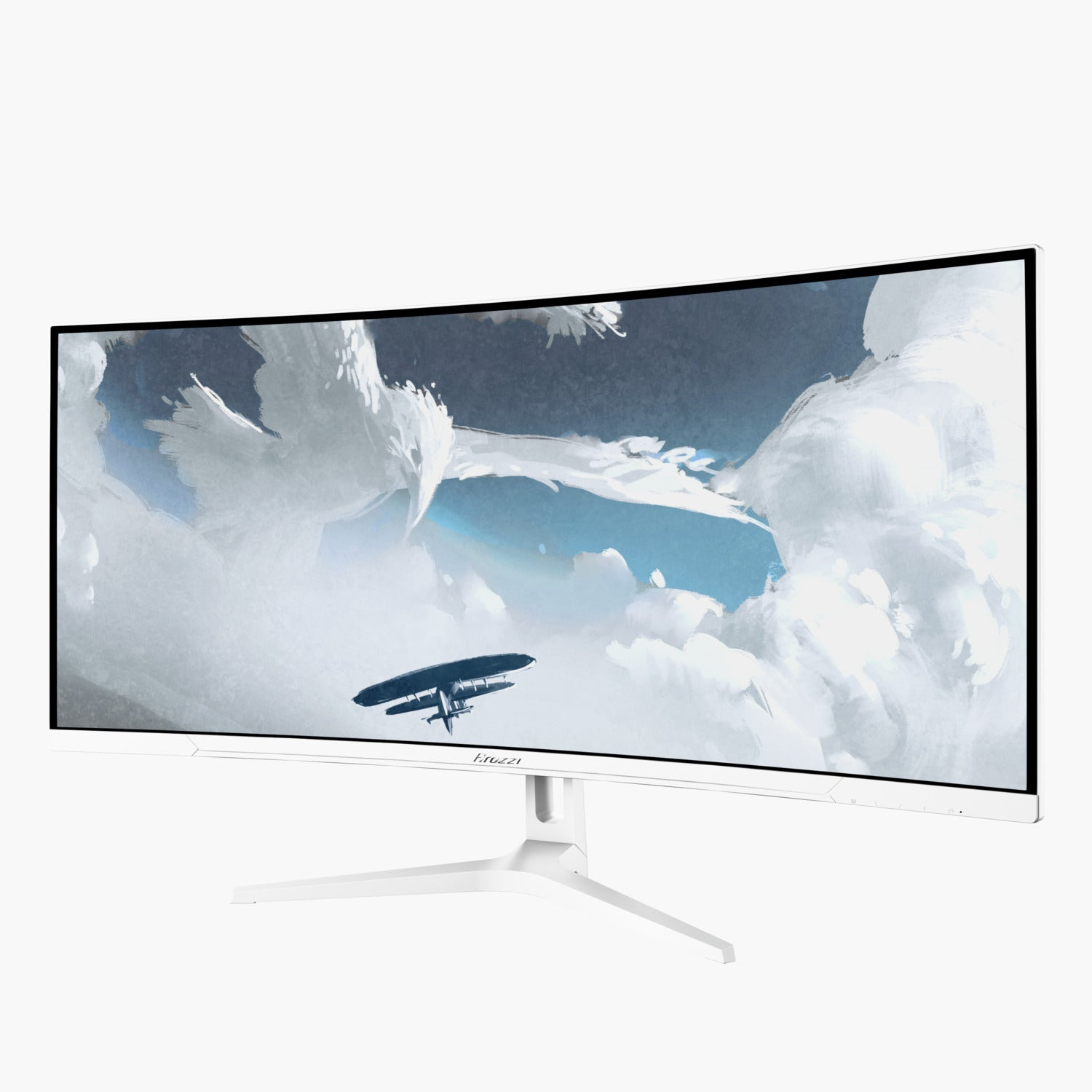 Ein gekrümmter weißer Monitor zeigt ein Gemälde eines Doppeldeckerflugzeugs, das durch Wolken fliegt. Der Monitor hat einen weißen Ständer und einen schwarzen Rahmen.