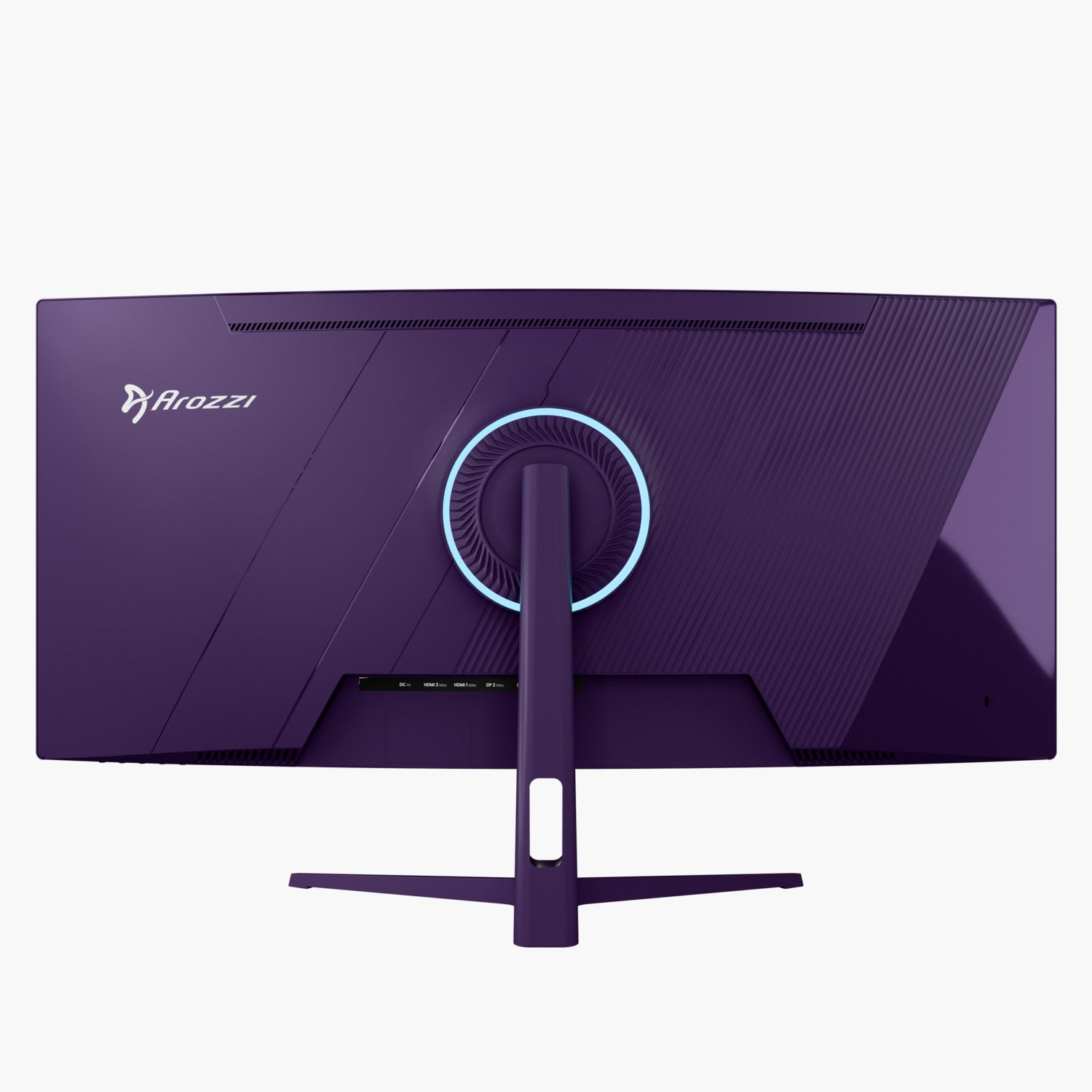 Rückansicht eines violetten Arozzzi-Monitors. Er hat einen Ständer und einen leuchtenden Ring. Anschlüsse sind sichtbar. Das Logo ist links oben.