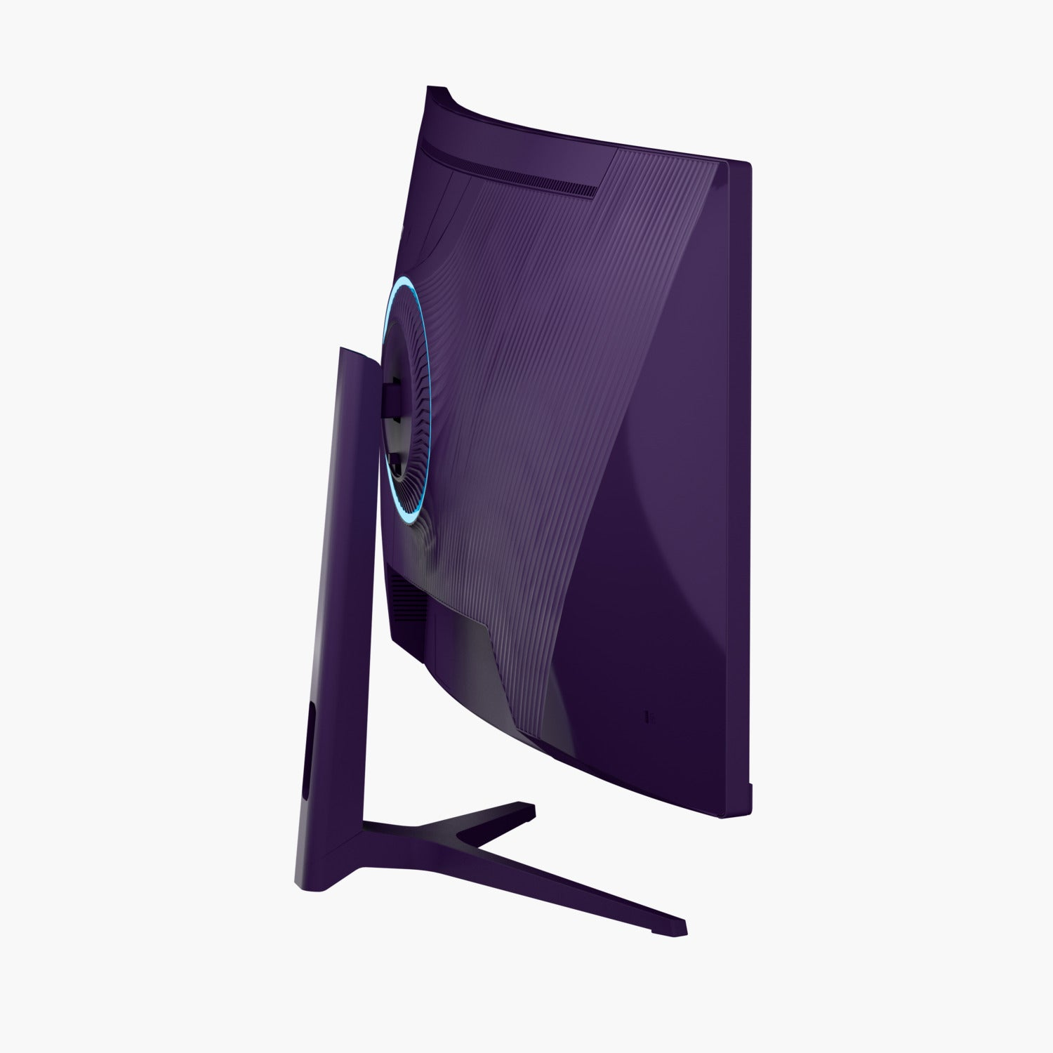 Ein geschwungener, lila Computerbildschirm auf weißem Hintergrund. Der Monitor hat einen Ständer und einen blau beleuchteten Ring.