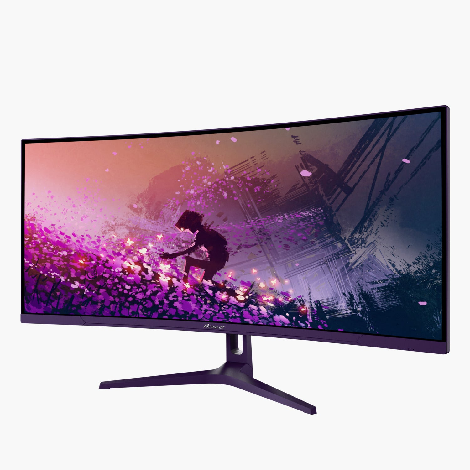 Ein gebogener Computermonitor zeigt eine digitale Kunstszene. Der Monitor steht auf weißem Hintergrund, mit einem lila Ständer.